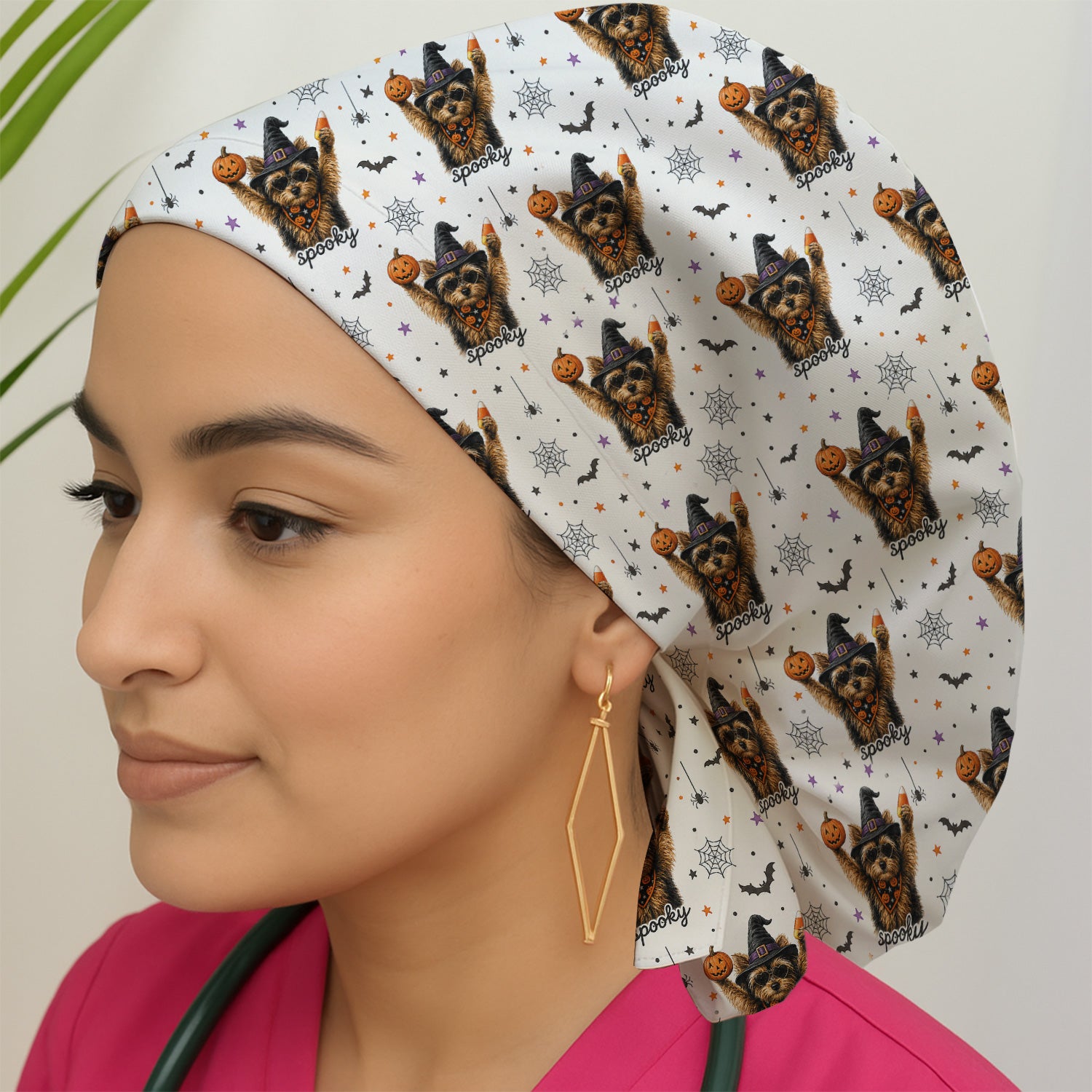 Spooky Halloween Yorkie Pattern Scrub Cap, Surgical Caps for Doctors