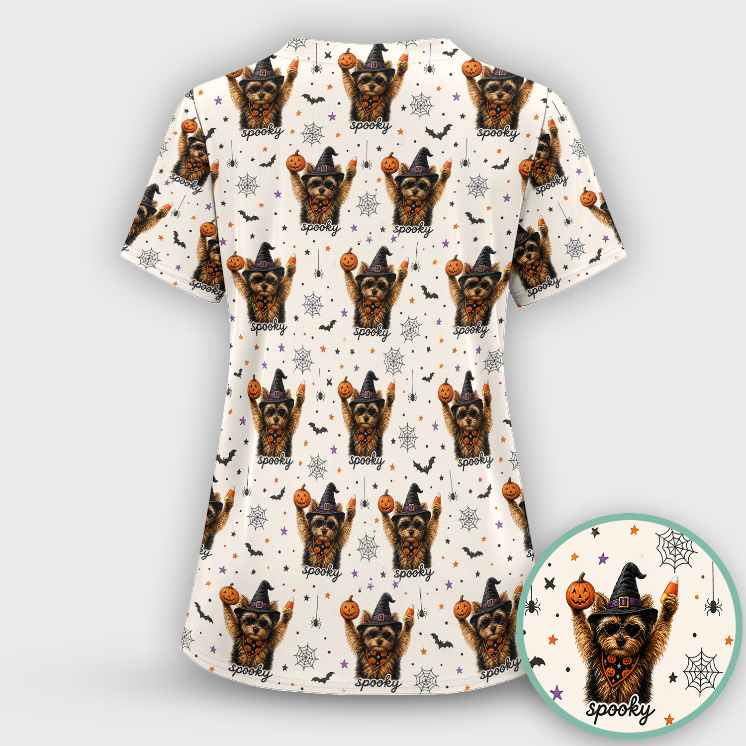 Spooky Halloween Yorkie Pattern Scrub Set, Scrub Pants and V Neck Top