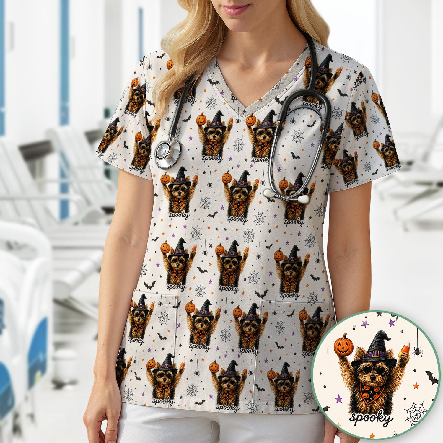 Spooky Halloween Yorkie Pattern Scrub Top, Comfortable Scrubs for Nurses