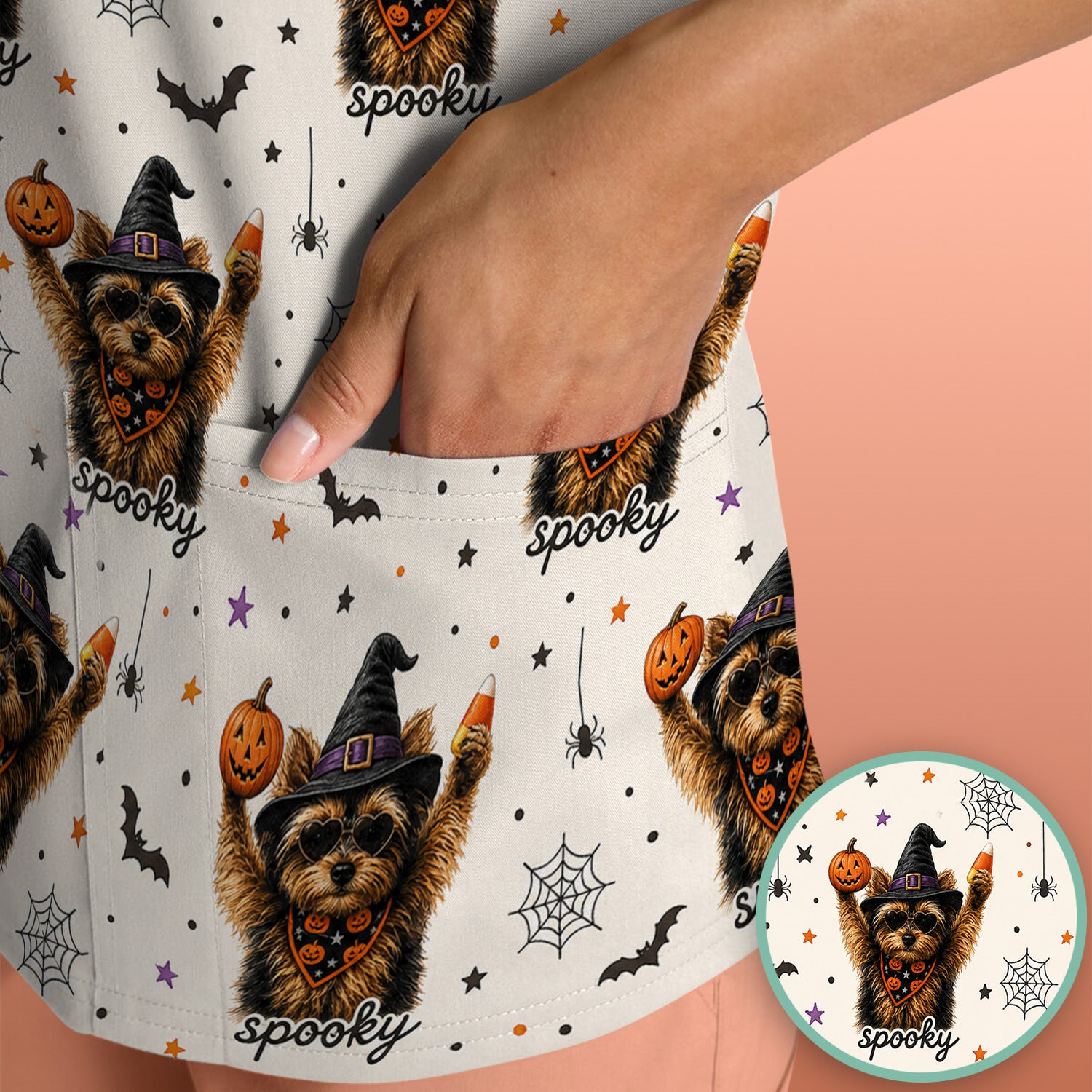 Spooky Halloween Yorkie Pattern Scrub Top, Comfortable Scrubs for Nurses
