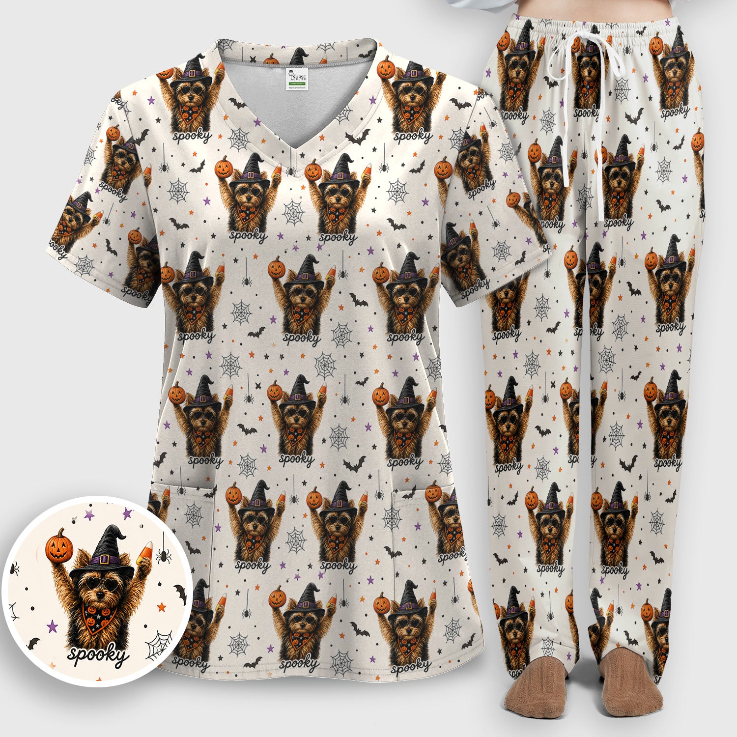 Spooky Halloween Yorkie Pattern Scrub Set, Scrub Pants and V Neck Top