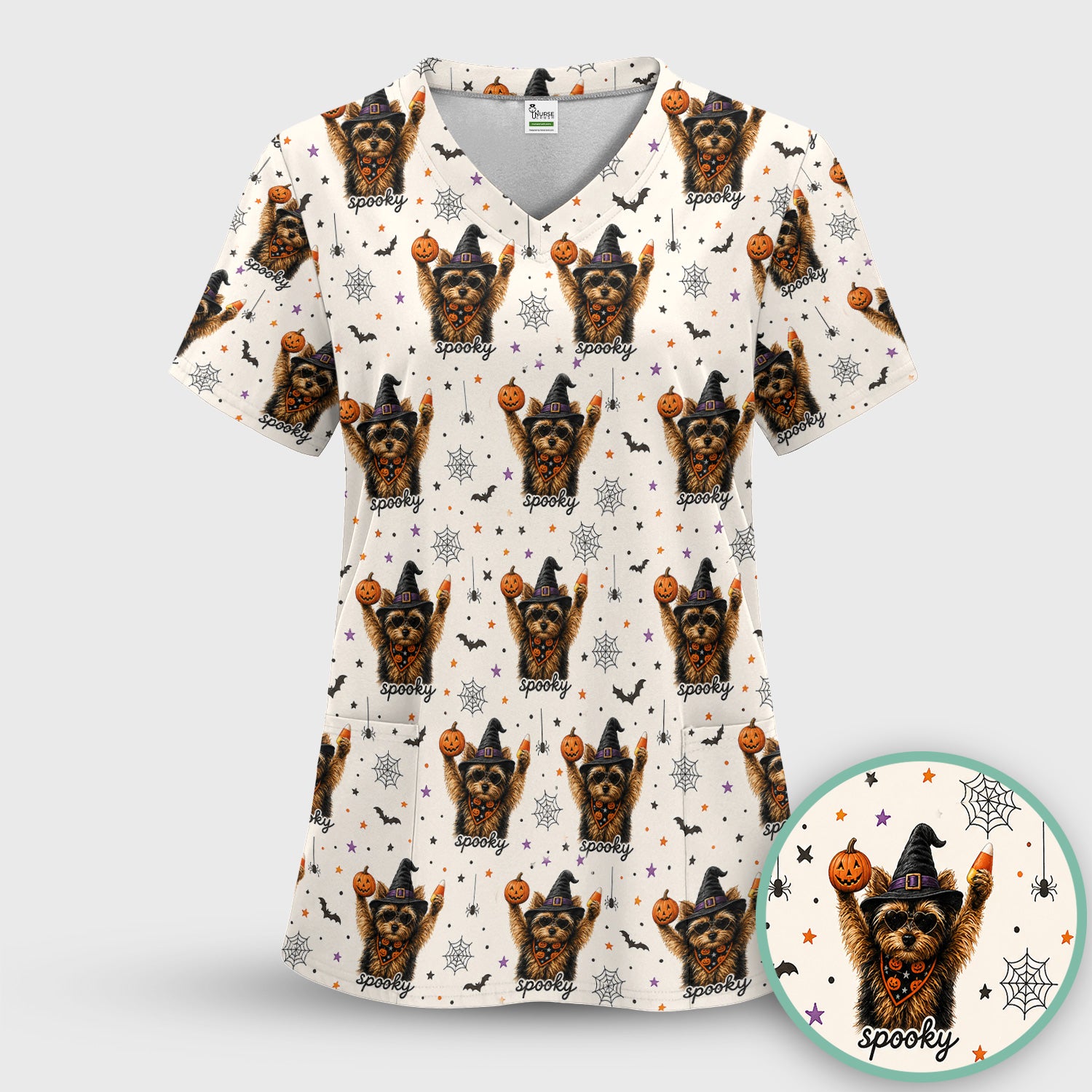 Spooky Halloween Yorkie Pattern Scrub Set, Scrub Pants and V Neck Top