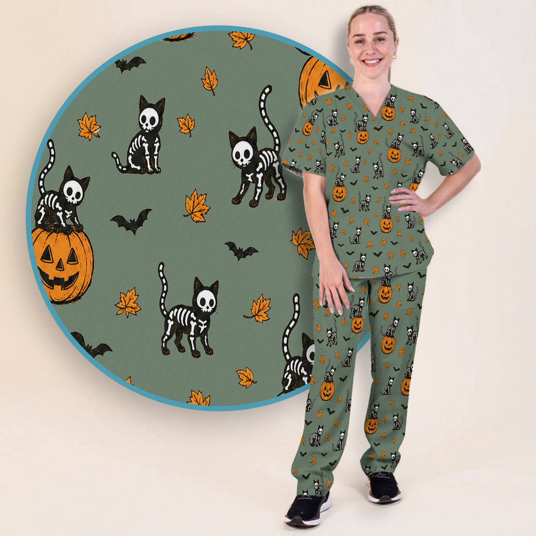 Skeleton Cat Pattern Scrub Set, Scrub Pants and V Neck Top