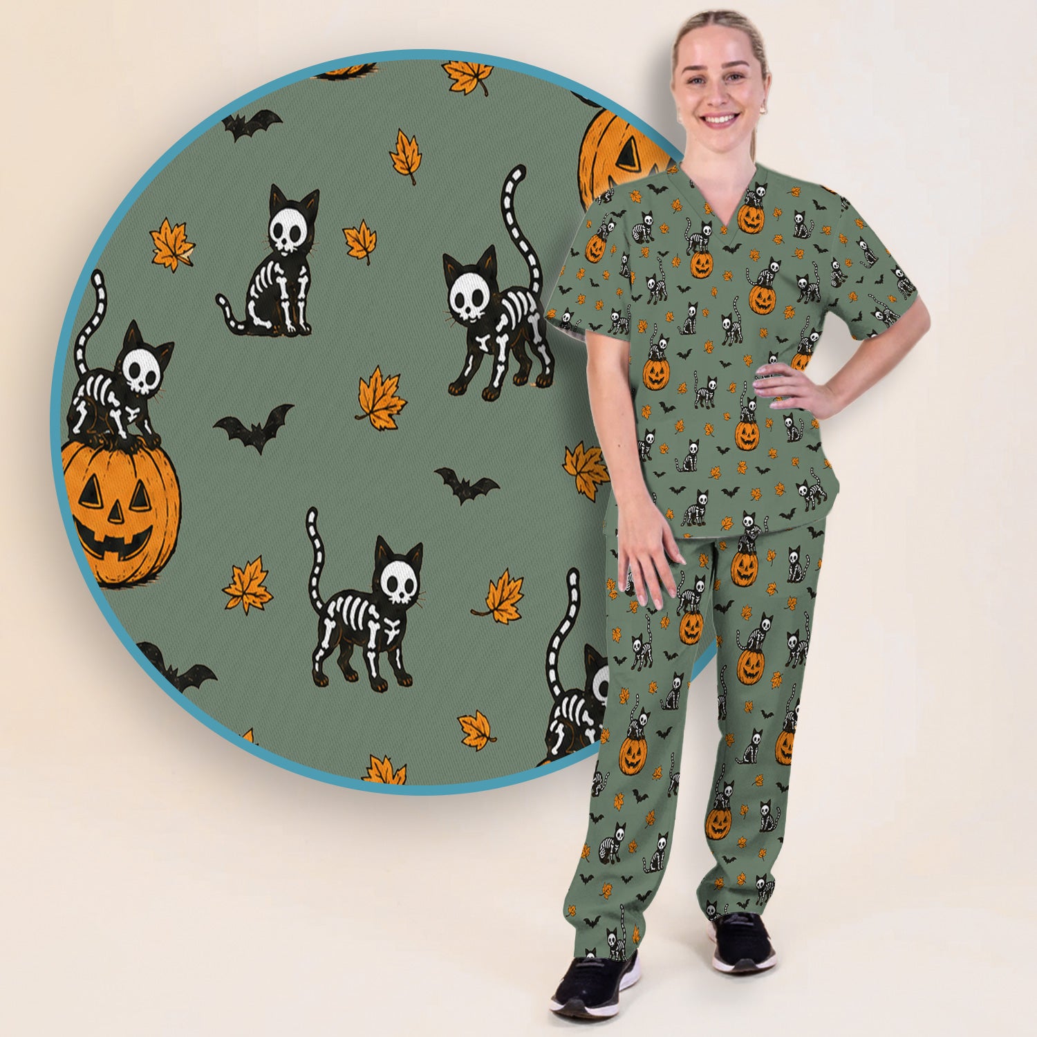 Skeleton Cat Pattern Scrub Set, Scrub Pants and V Neck Top