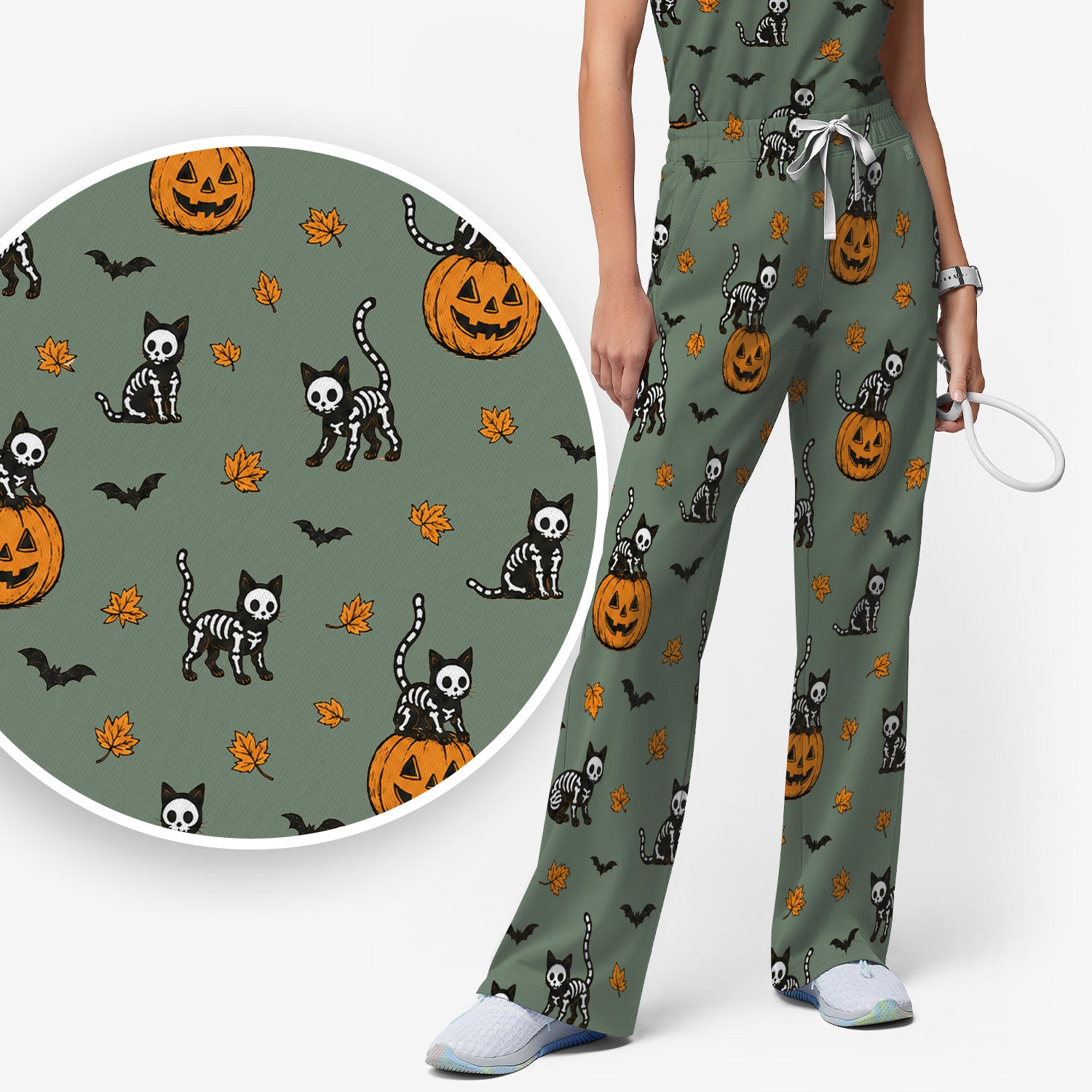 Skeleton Cat Pattern Scrub Set, Scrub Pants and V Neck Top