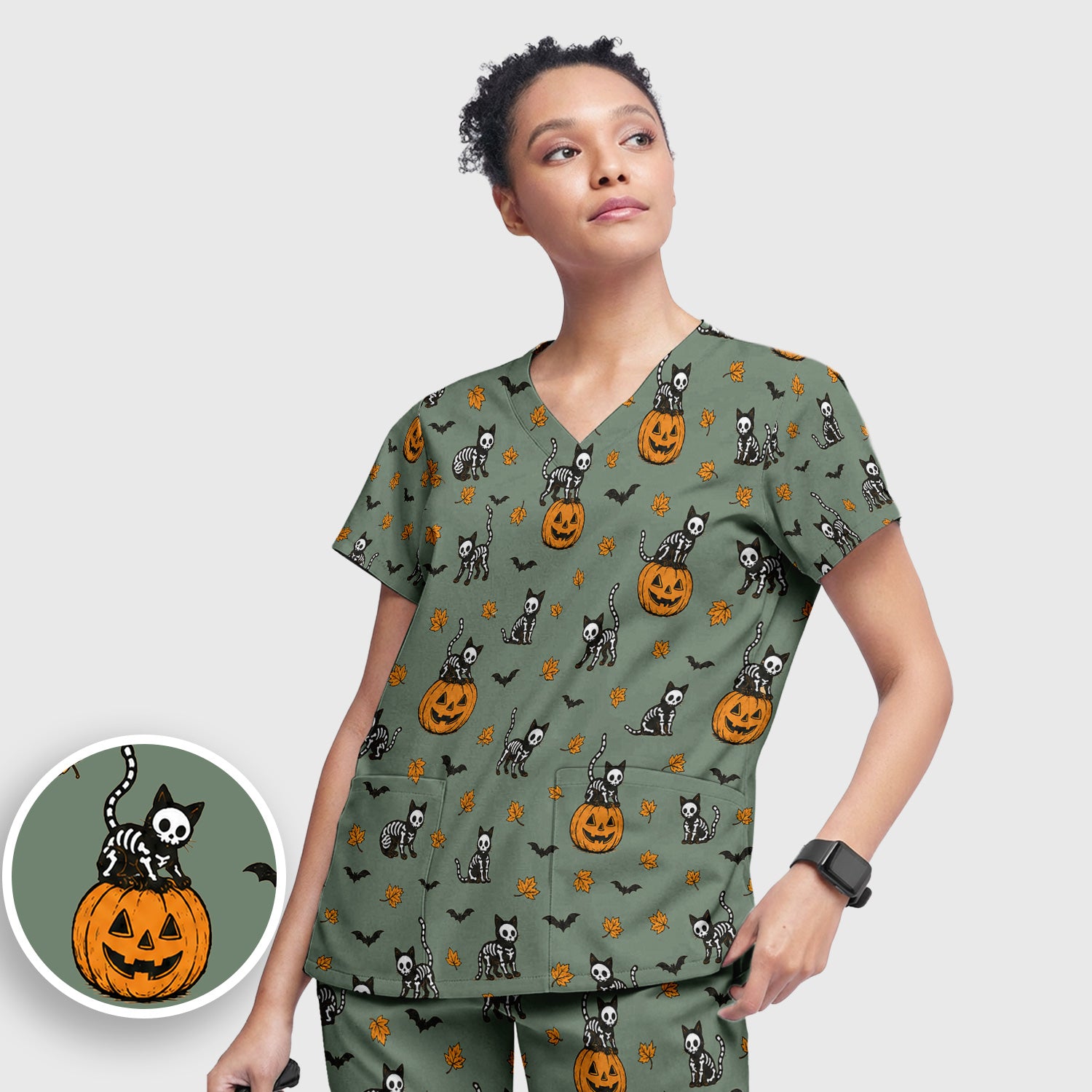 Skeleton Cat Pattern Scrub Set, Scrub Pants and V Neck Top