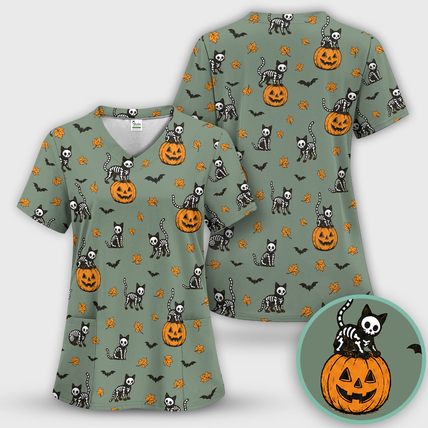 Skeleton Cat Pattern Scrub Top, Comfortable Scrubs for Nurses