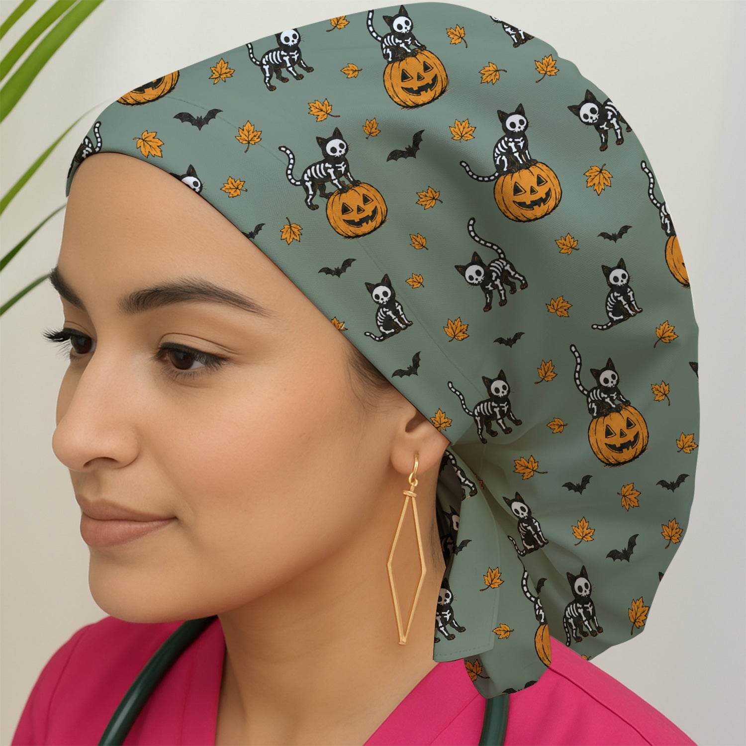 Skeleton Cat Pattern Scrub Cap, Surgical Caps for Doctors