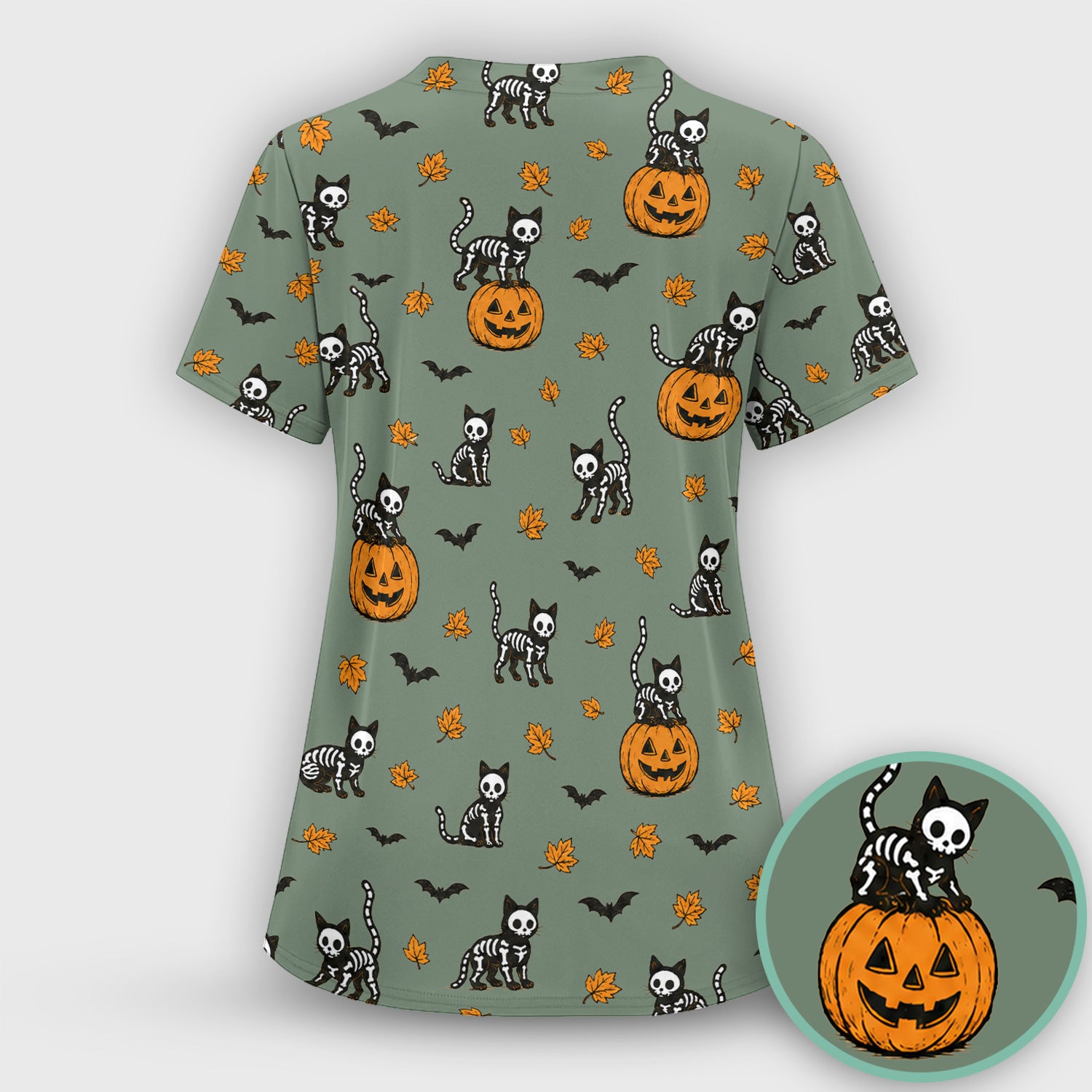 Skeleton Cat Pattern Scrub Top, Comfortable Scrubs for Nurses