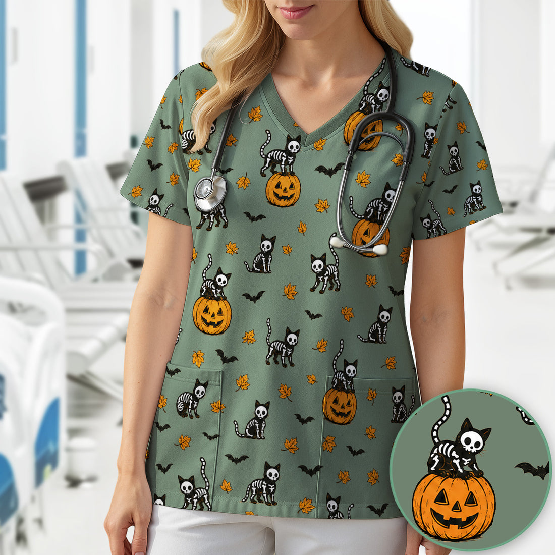 Skeleton Cat Pattern Scrub Top, Comfortable Scrubs for Nurses