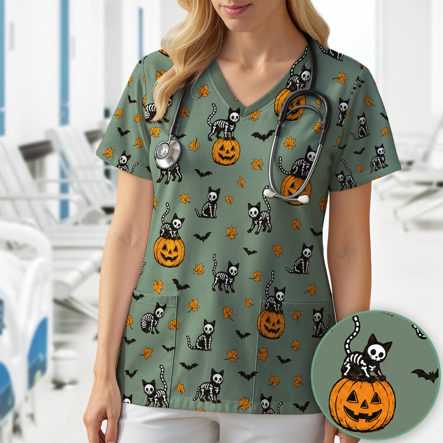 Skeleton Cat Pattern Scrub Top, Comfortable Scrubs for Nurses