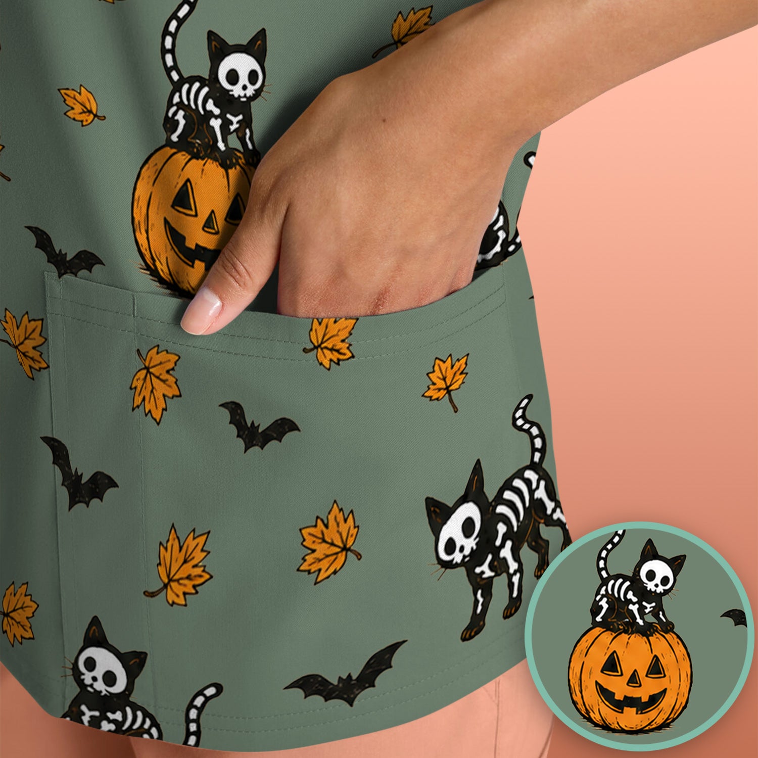 Skeleton Cat Pattern Scrub Top, Comfortable Scrubs for Nurses