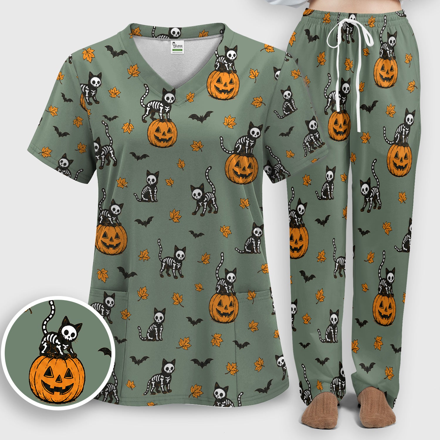 Skeleton Cat Pattern Scrub Set, Scrub Pants and V Neck Top