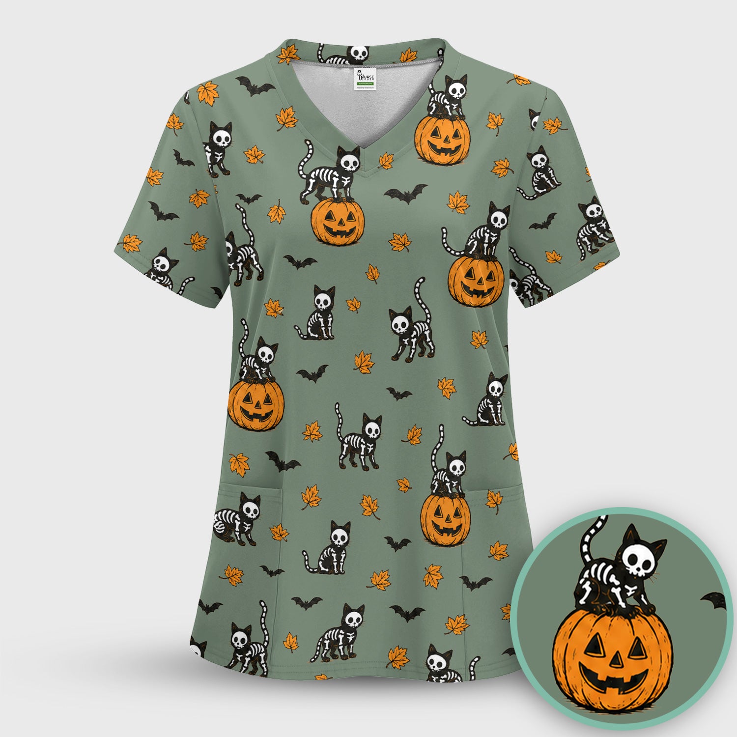 Skeleton Cat Pattern Scrub Top, Comfortable Scrubs for Nurses