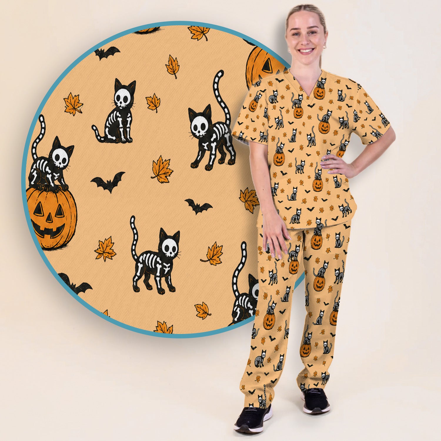 Skeleton Cat Pattern Scrub Set, Scrub Pants and V Neck Top