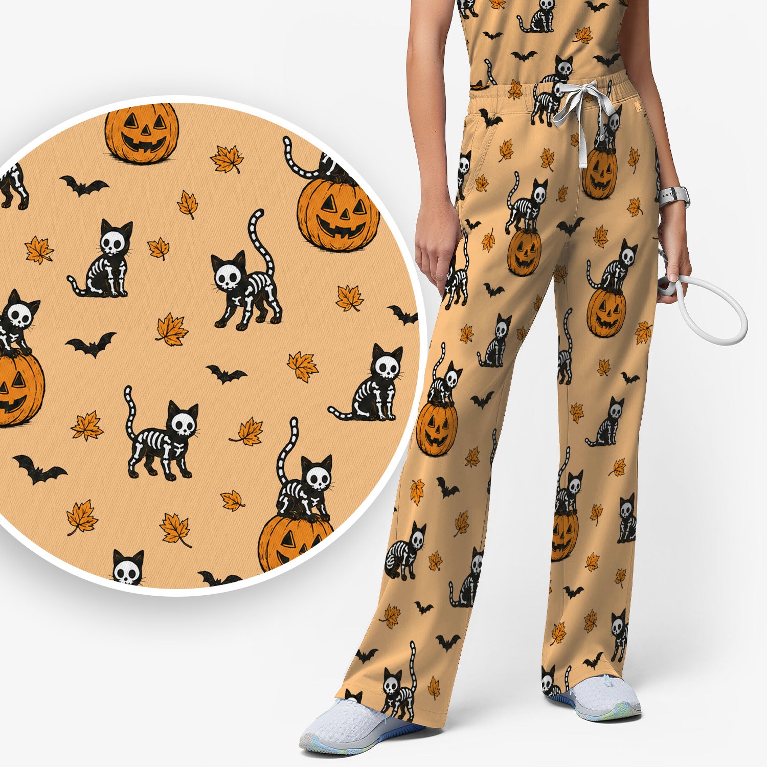 Skeleton Cat Pattern Scrub Set, Scrub Pants and V Neck Top