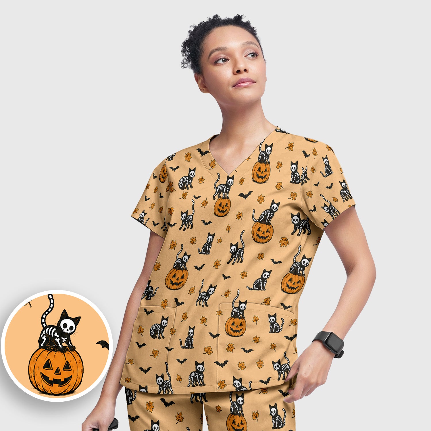 Skeleton Cat Pattern Scrub Set, Scrub Pants and V Neck Top