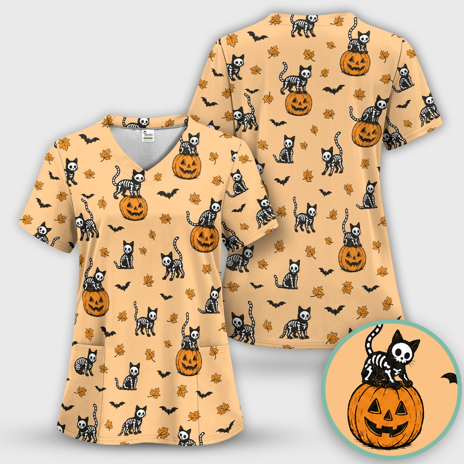 Skeleton Cat Pattern Scrub Top, Comfortable Scrubs for Nurses