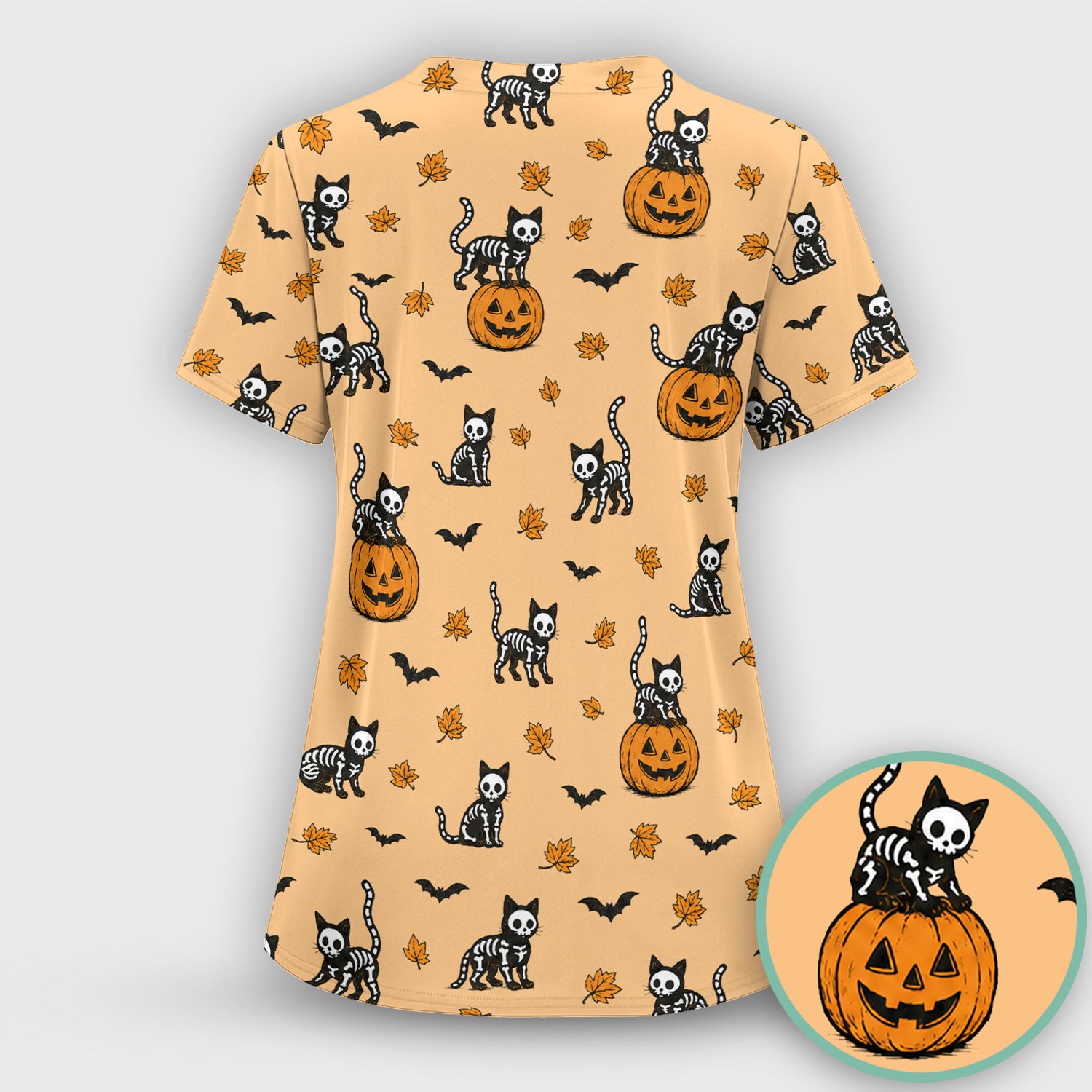 Skeleton Cat Pattern Scrub Top, Comfortable Scrubs for Nurses