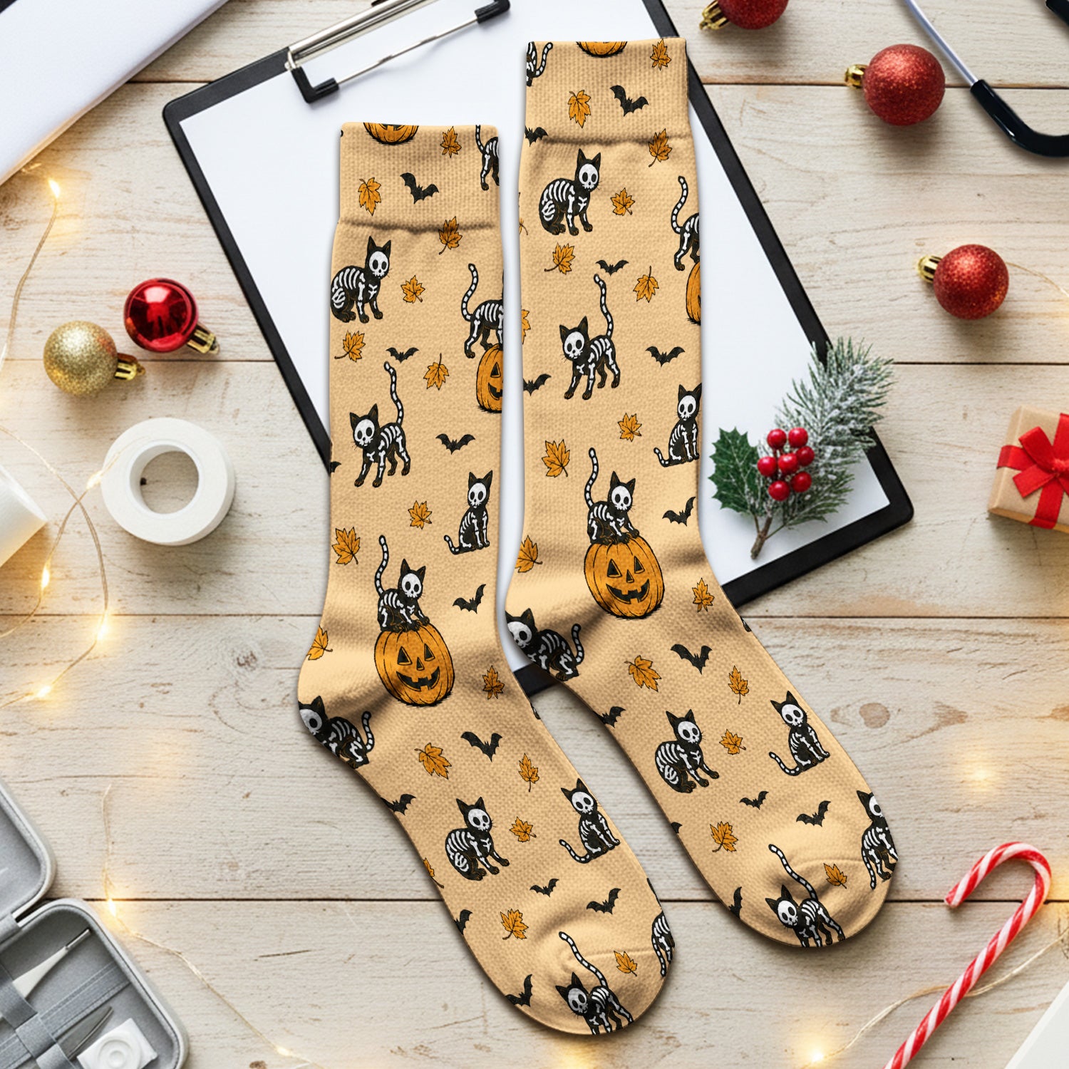 Skeleton Cat Pattern Socks, Adult Socks for Men and Women