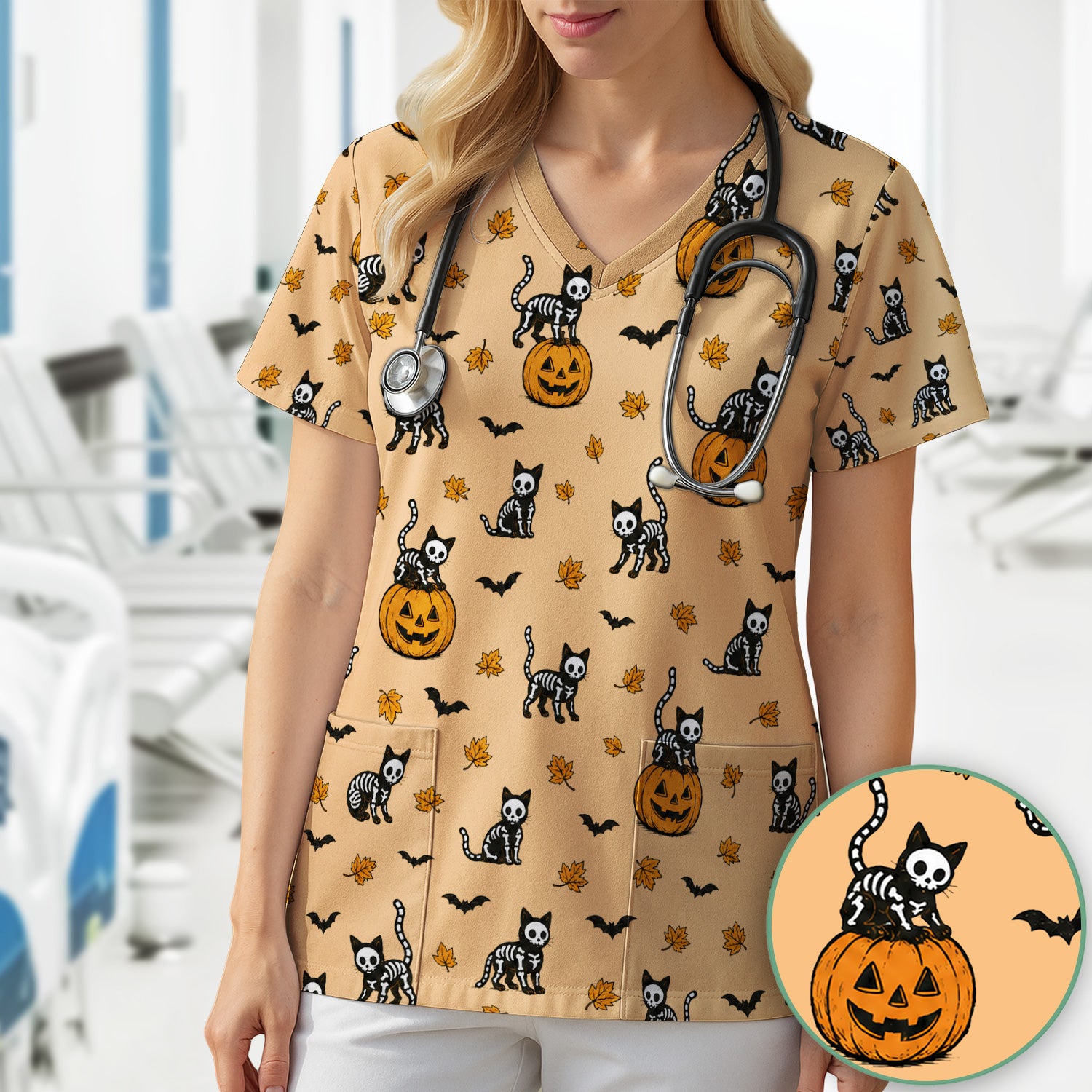 Skeleton Cat Pattern Scrub Top, Comfortable Scrubs for Nurses