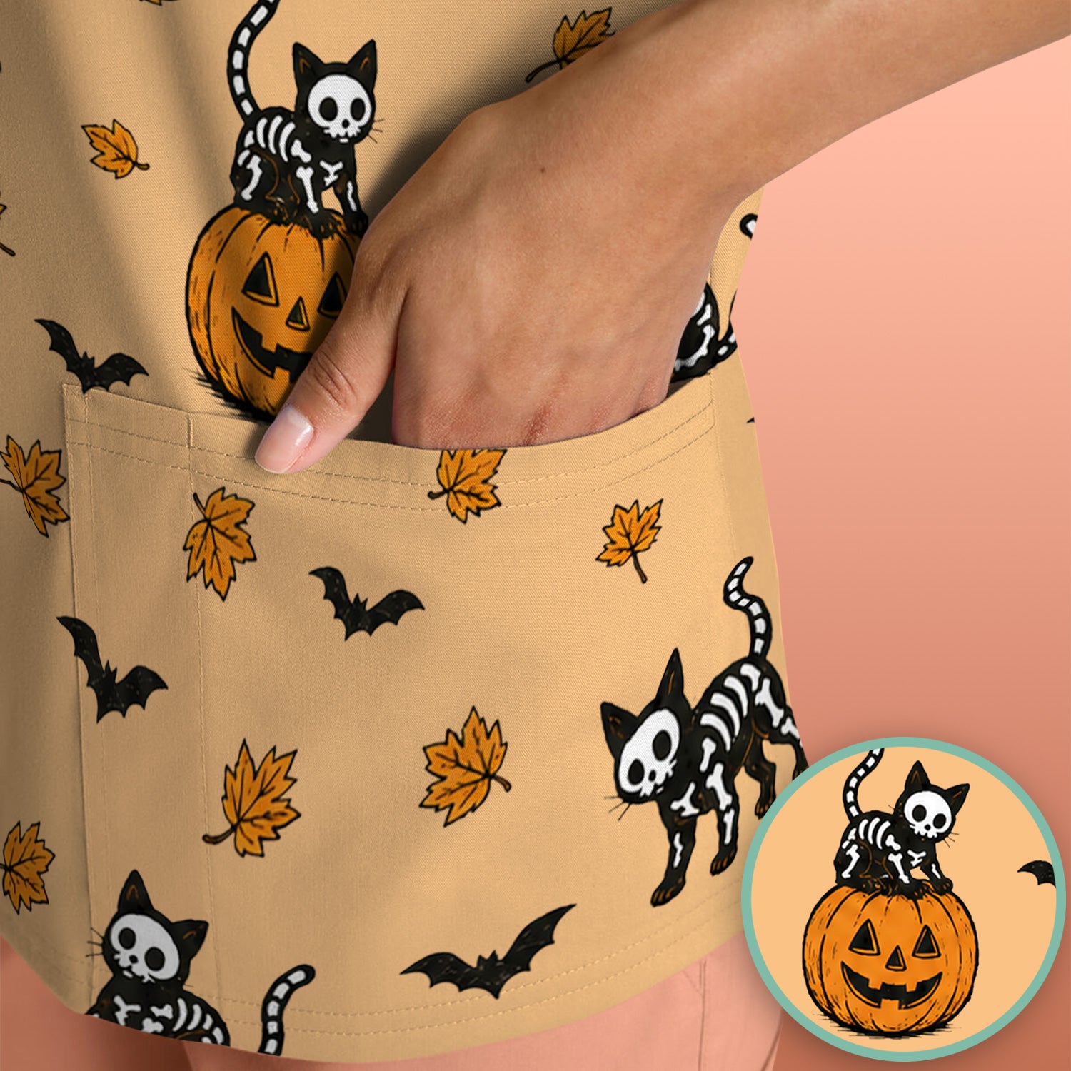 Skeleton Cat Pattern Scrub Top, Comfortable Scrubs for Nurses