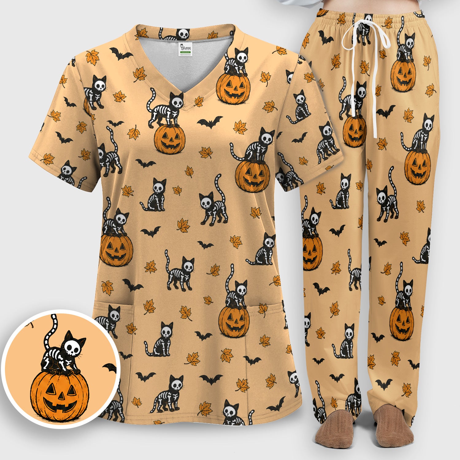 Skeleton Cat Pattern Scrub Set, Scrub Pants and V Neck Top