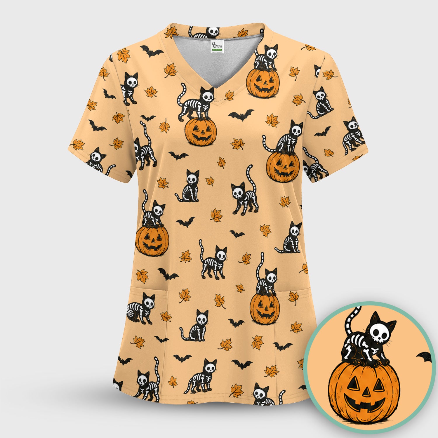 Skeleton Cat Pattern Scrub Top, Comfortable Scrubs for Nurses