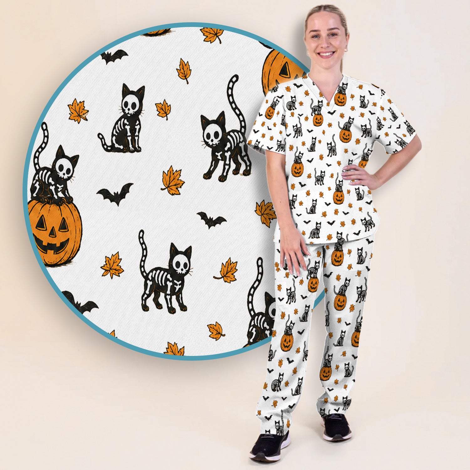 Skeleton Cat Pattern Scrub Set, Scrub Pants and V Neck Top