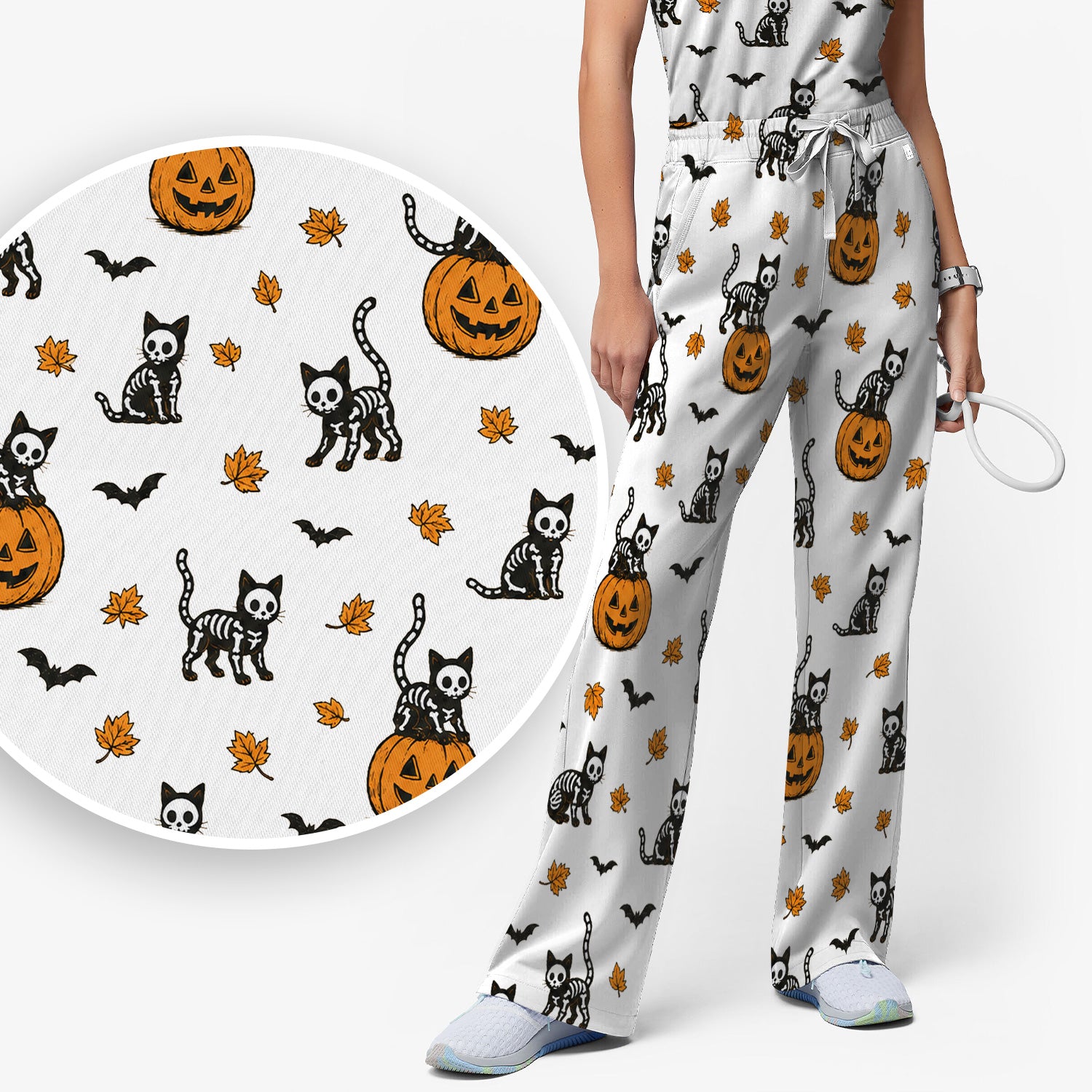 Skeleton Cat Pattern Scrub Set, Scrub Pants and V Neck Top