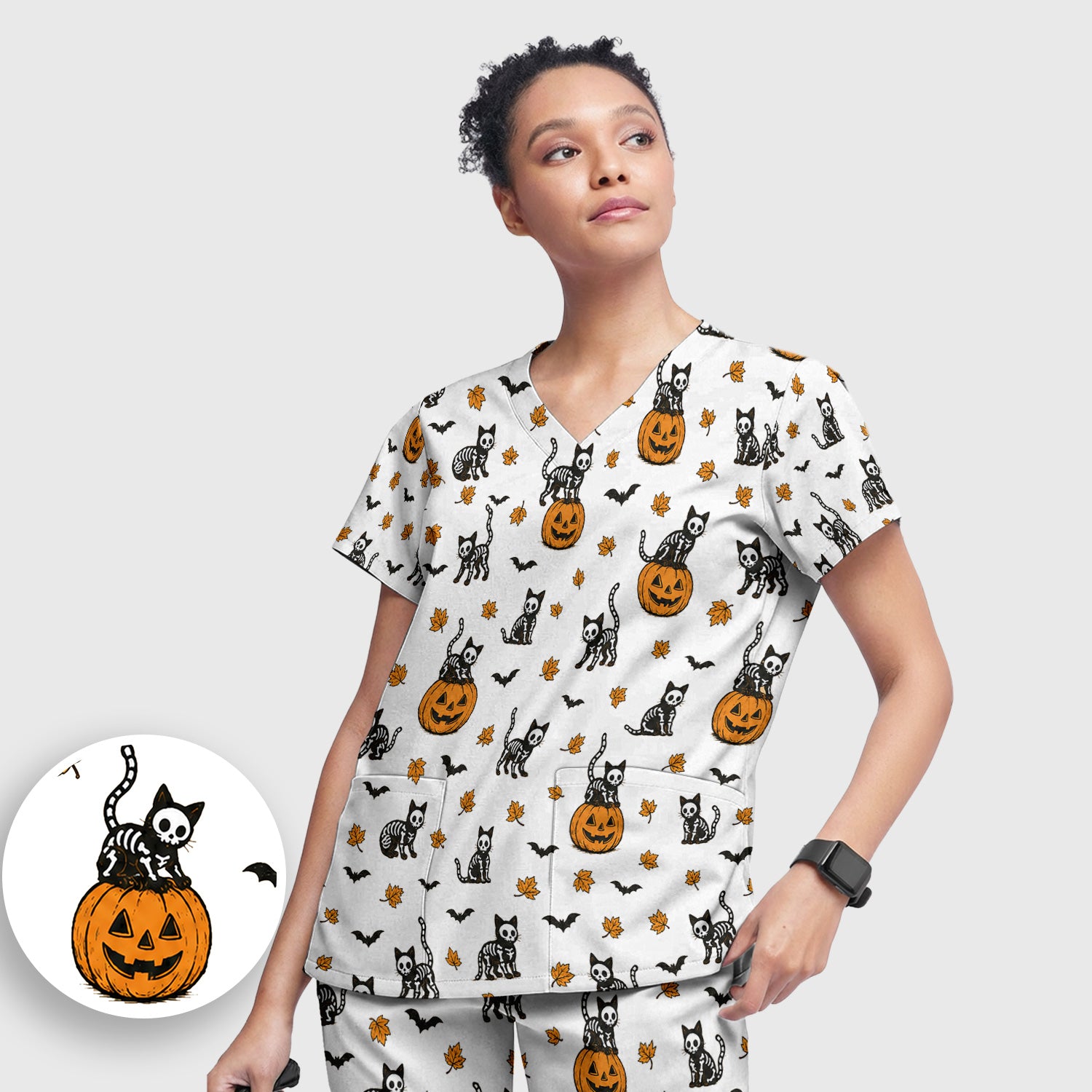 Skeleton Cat Pattern Scrub Set, Scrub Pants and V Neck Top