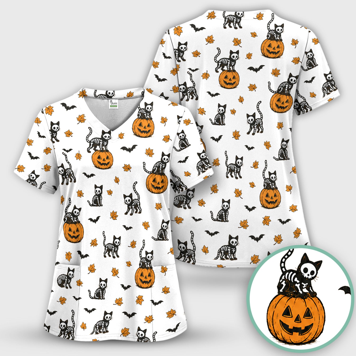 Skeleton Cat Pattern Scrub Top, Comfortable Scrubs for Nurses