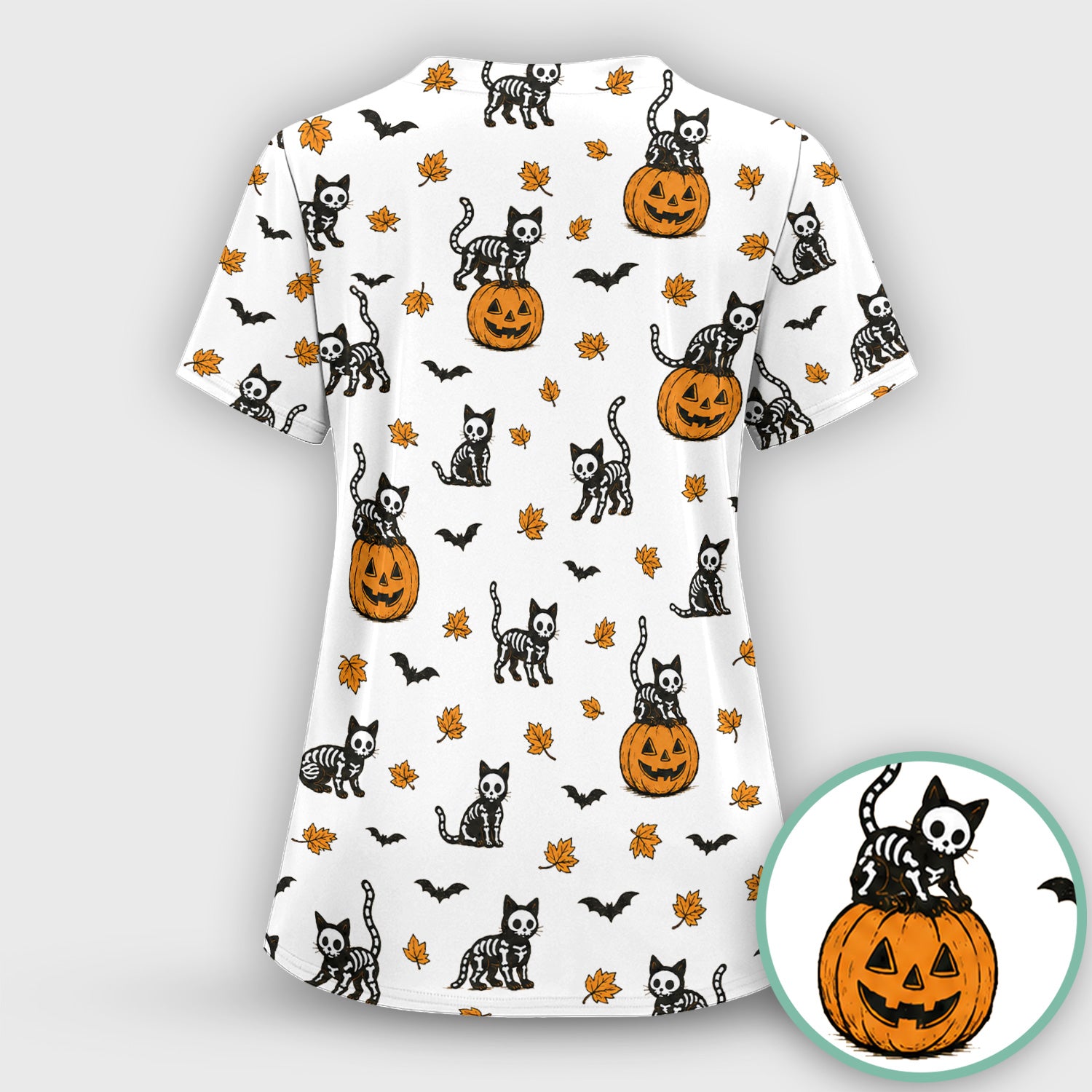 Skeleton Cat Pattern Scrub Top, Comfortable Scrubs for Nurses