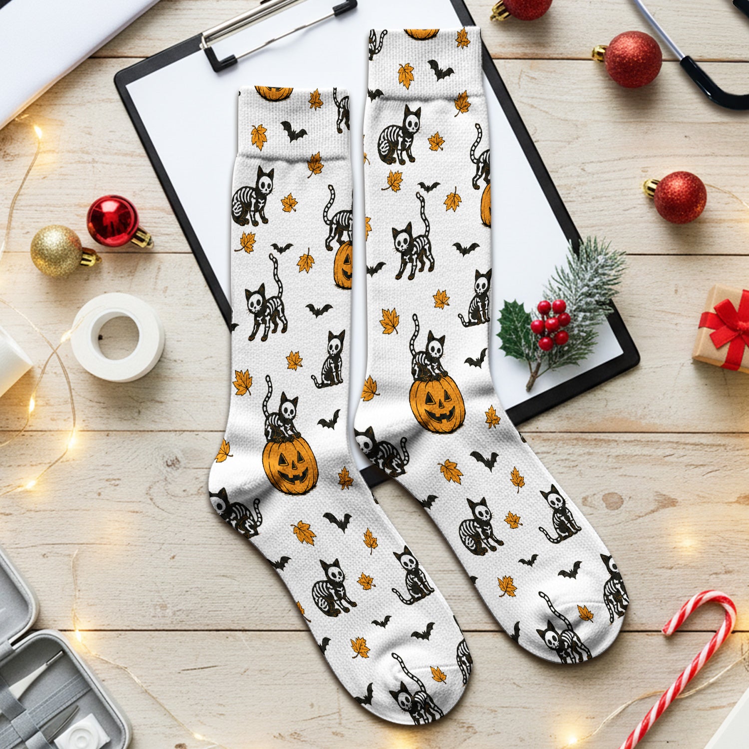 Skeleton Cat Pattern Socks, Adult Socks for Men and Women