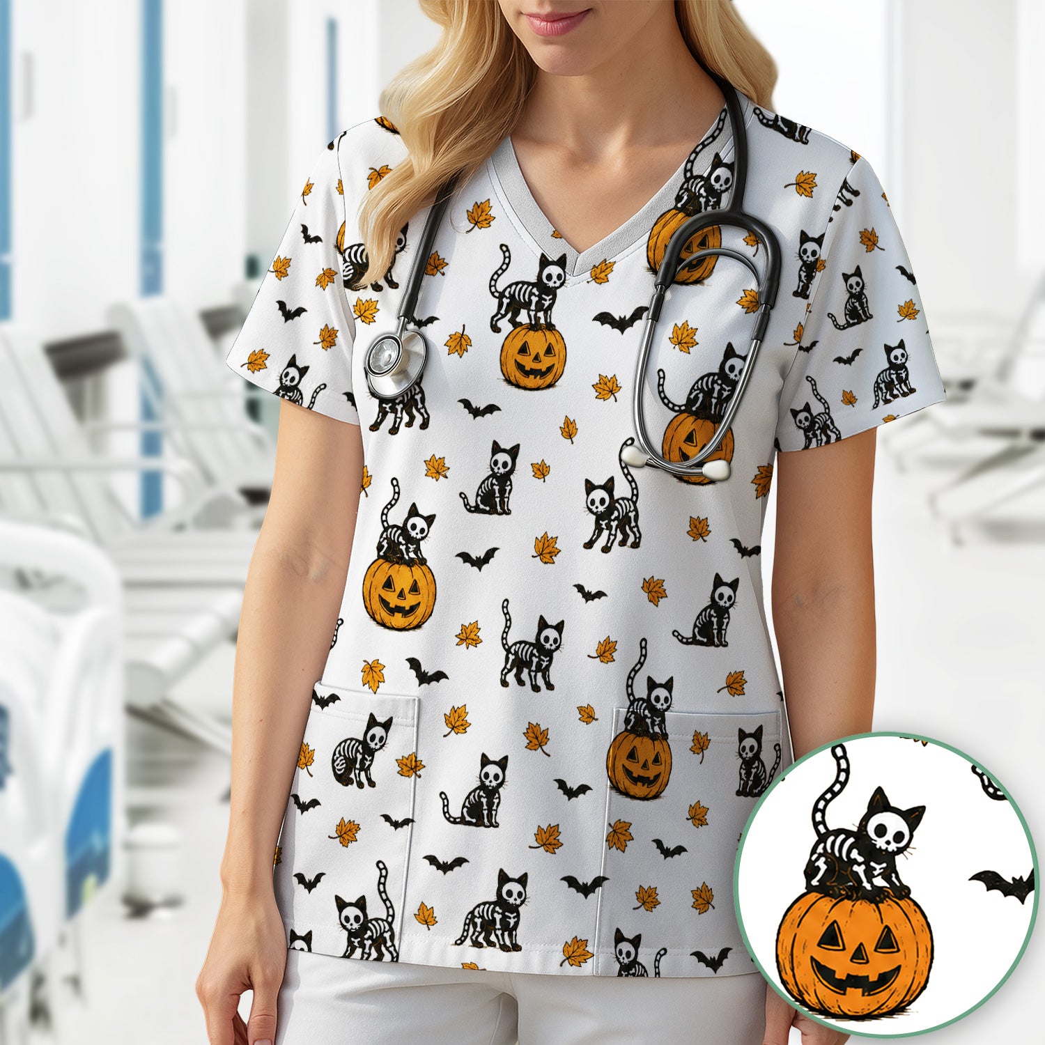 Skeleton Cat Pattern Scrub Top, Comfortable Scrubs for Nurses