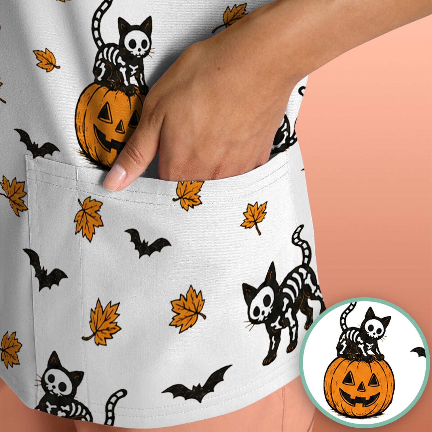 Skeleton Cat Pattern Scrub Top, Comfortable Scrubs for Nurses