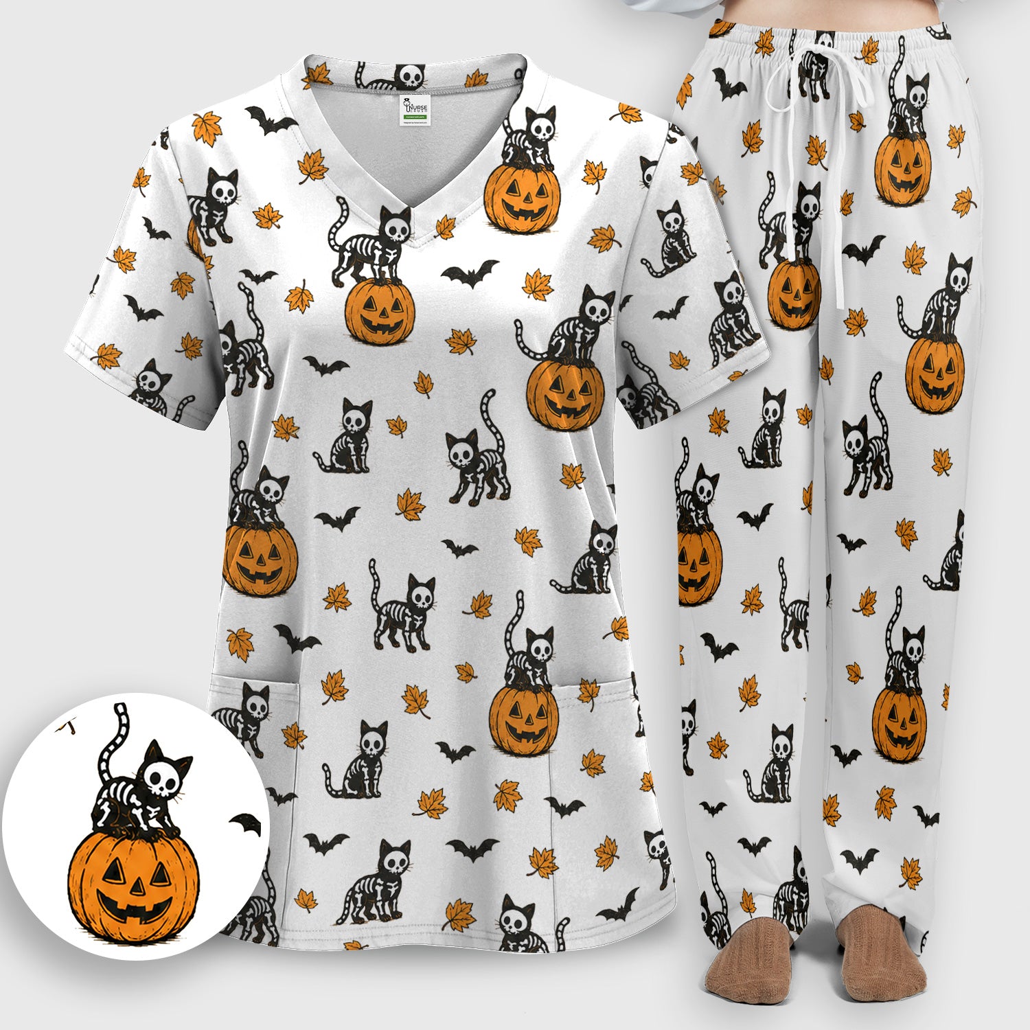 Skeleton Cat Pattern Scrub Set, Scrub Pants and V Neck Top