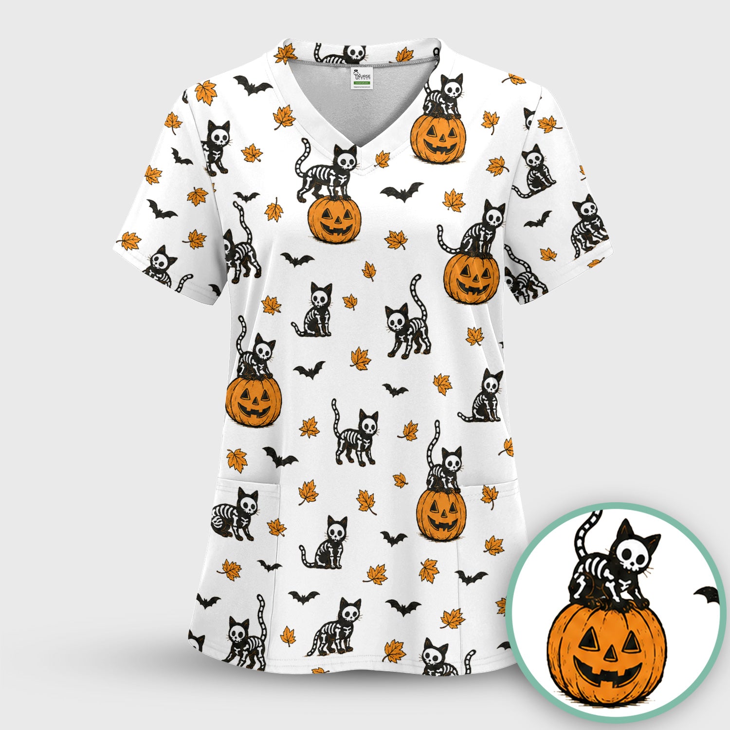 Skeleton Cat Pattern Scrub Top, Comfortable Scrubs for Nurses