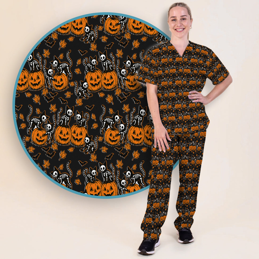 Halloween Skeleton Cat Print Scrub Set, Scrub Pants and V Neck Top