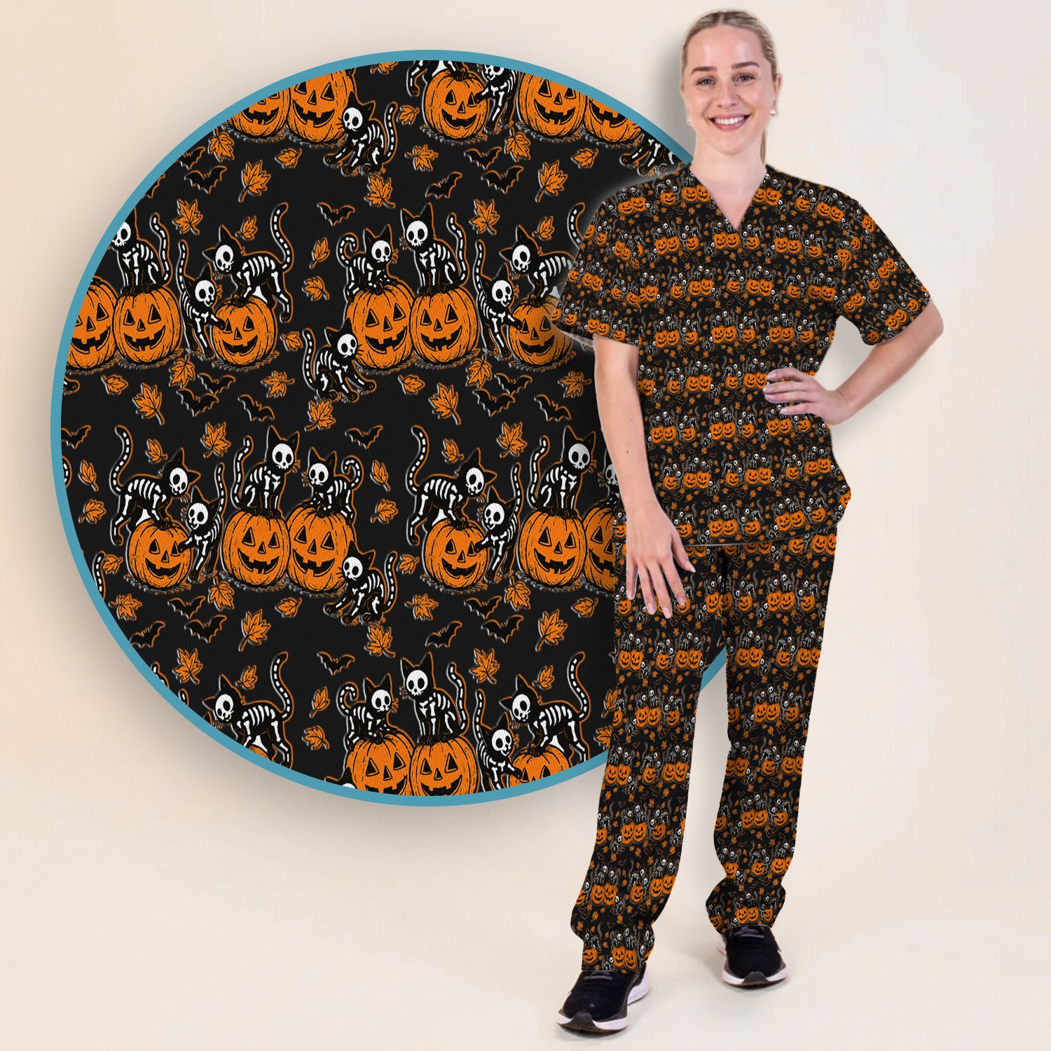 Halloween Skeleton Cat Print Scrub Set, Scrub Pants and V Neck Top