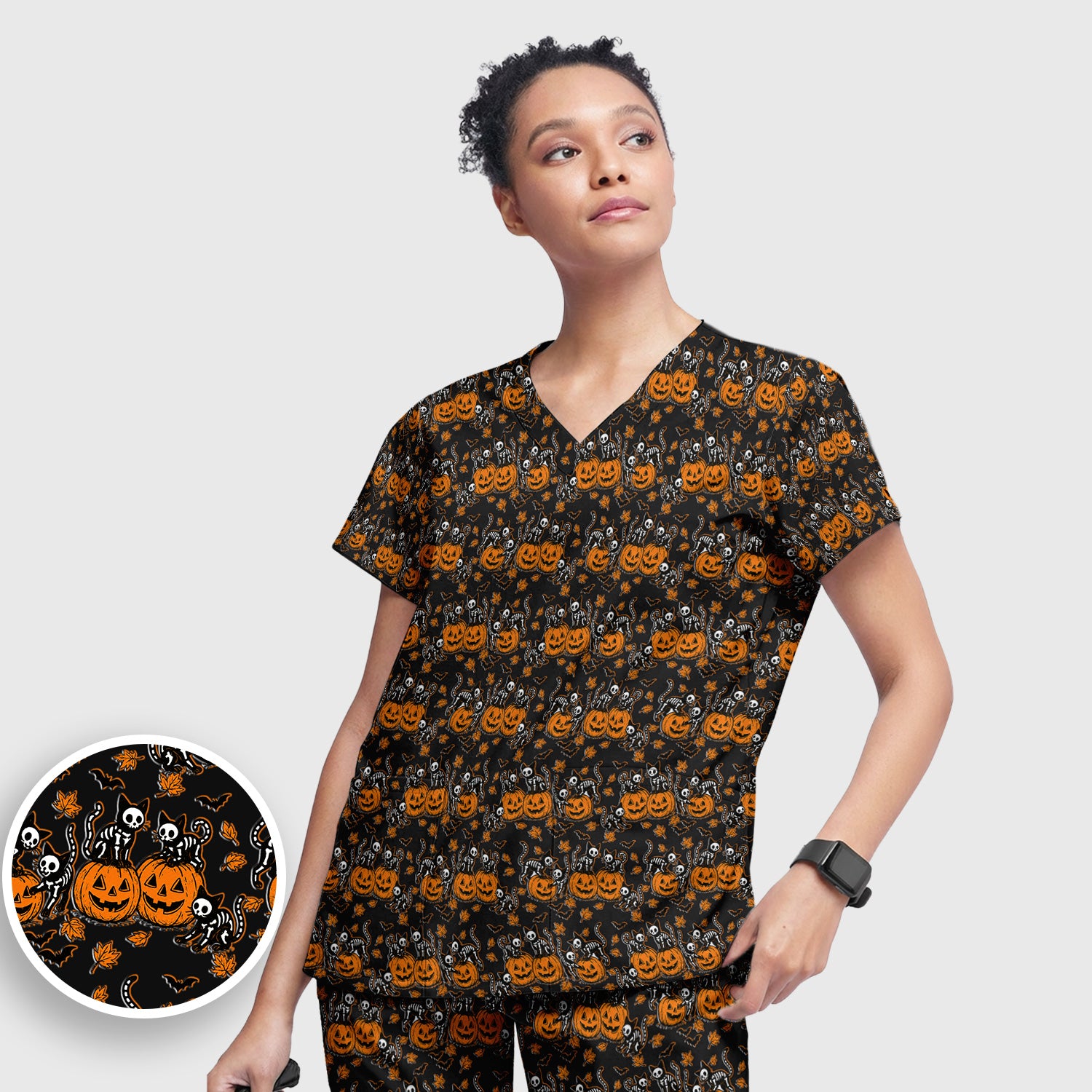 Halloween Skeleton Cat Print Scrub Set, Scrub Pants and V Neck Top