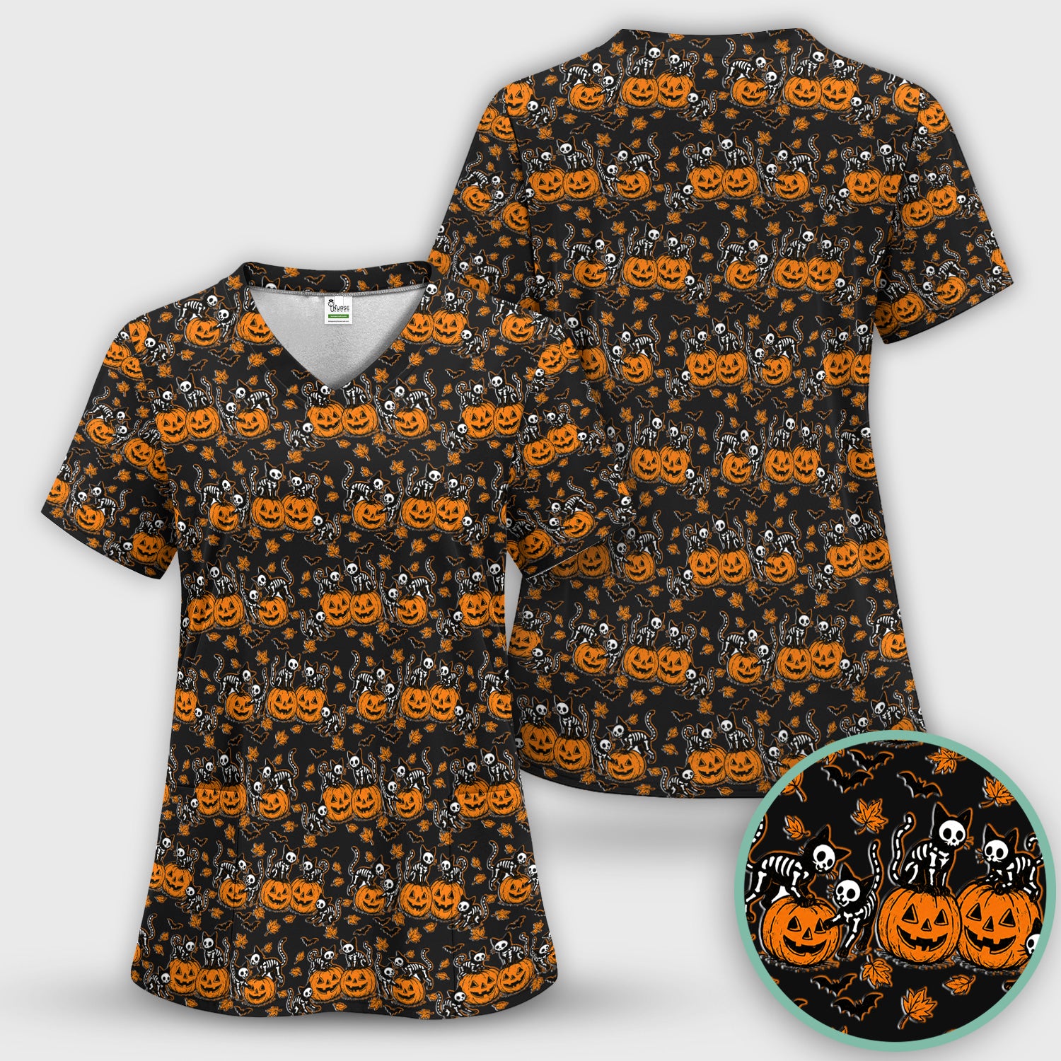 Halloween Skeleton Cat Print Scrub Top, Comfortable Scrubs for Nurses