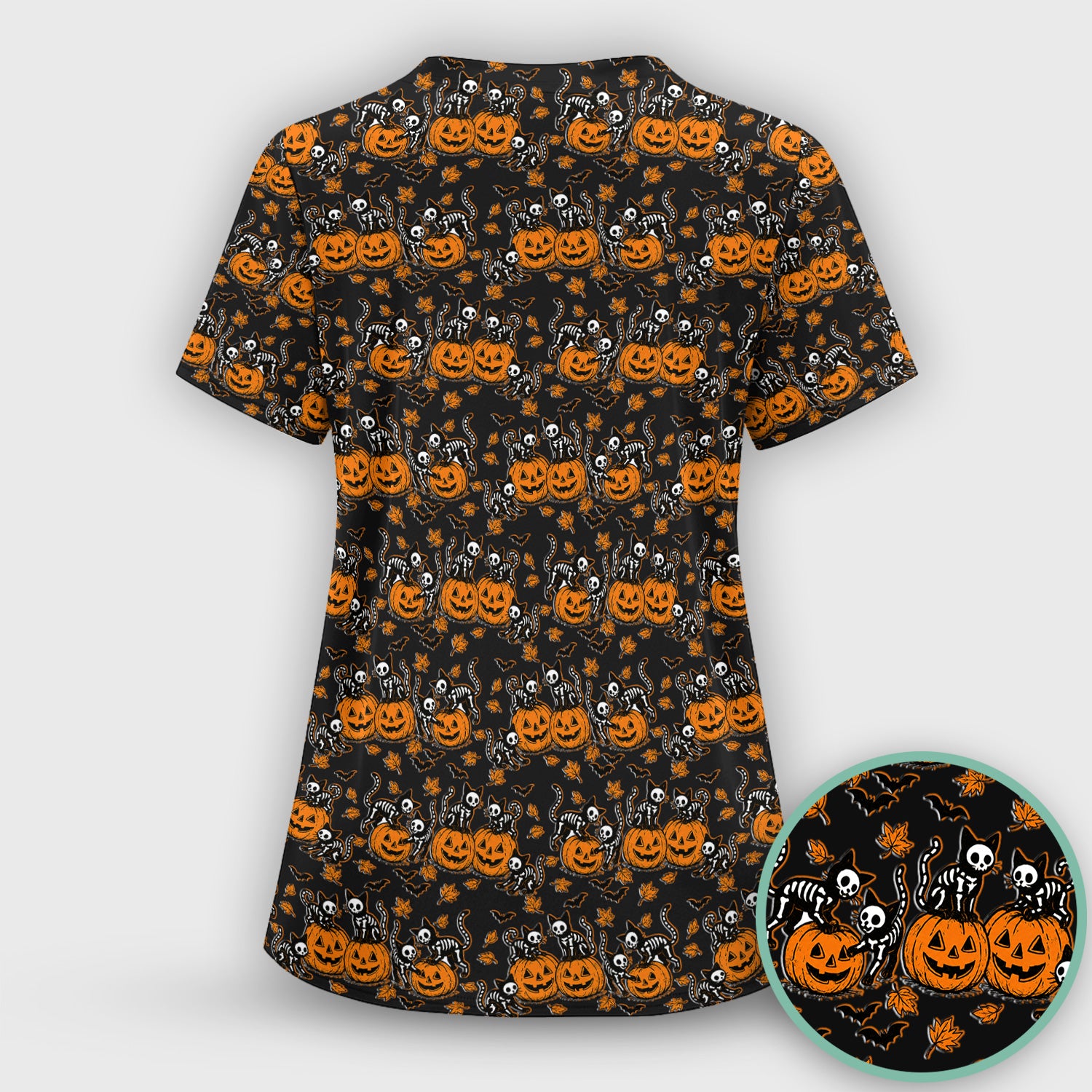 Halloween Skeleton Cat Print Scrub Top, Comfortable Scrubs for Nurses