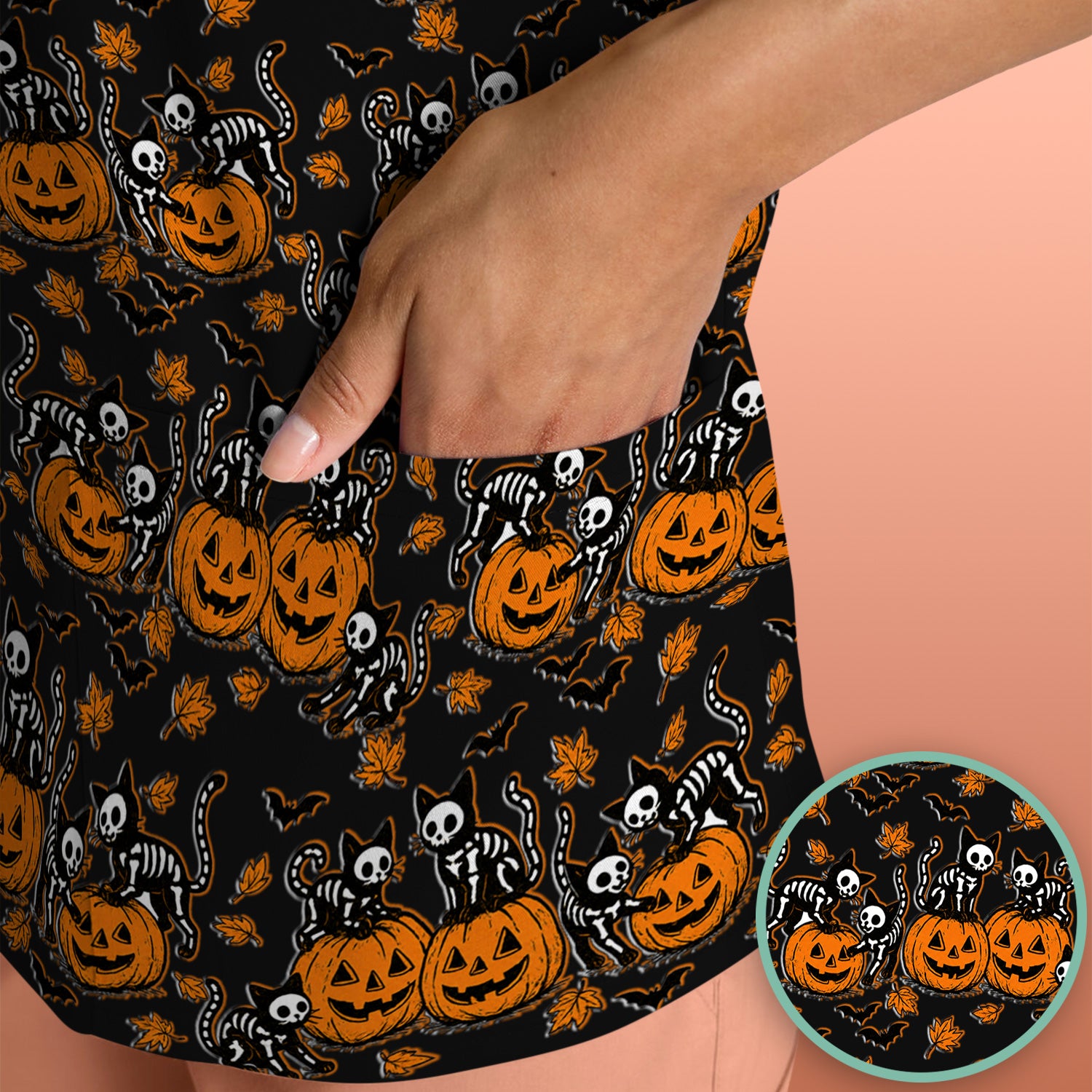 Halloween Skeleton Cat Print Scrub Top, Comfortable Scrubs for Nurses