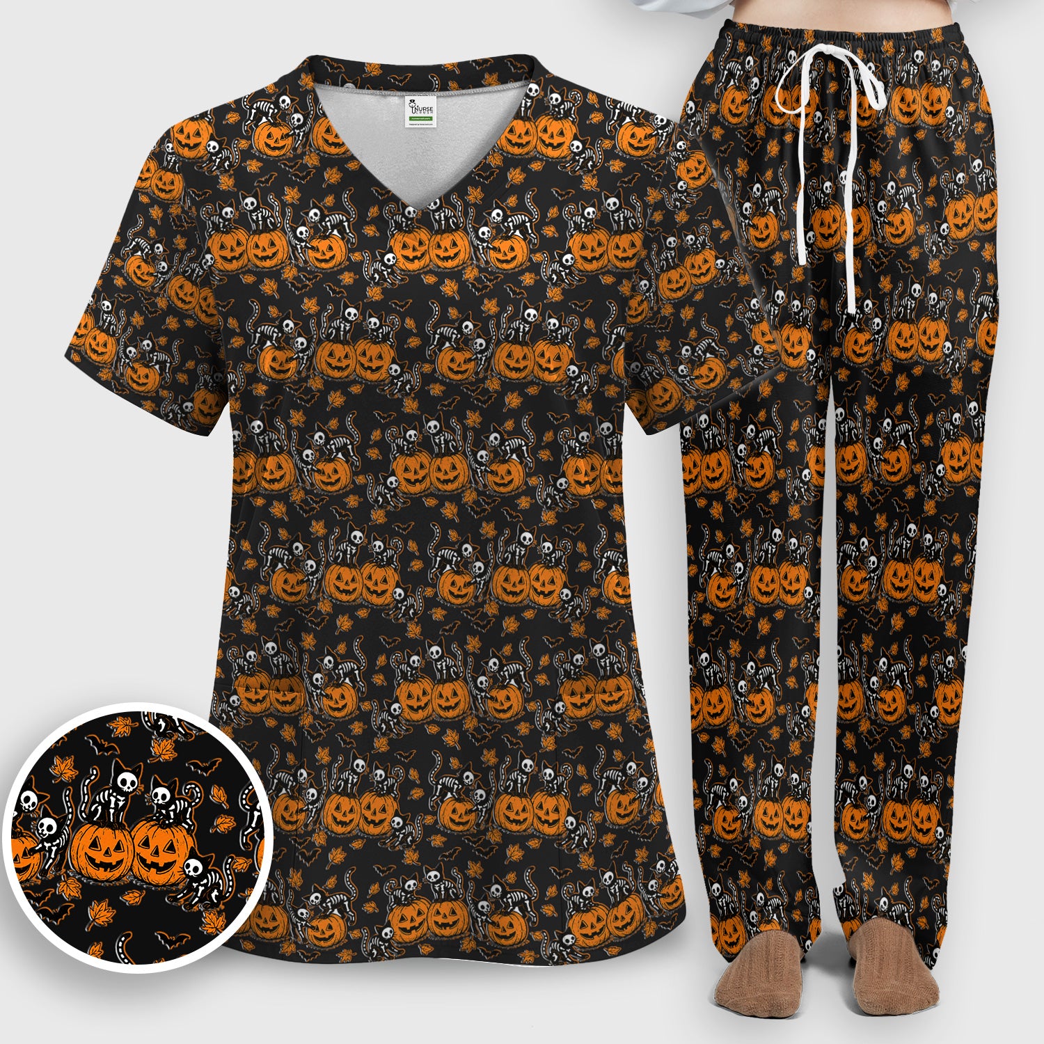 Halloween Skeleton Cat Print Scrub Set, Scrub Pants and V Neck Top