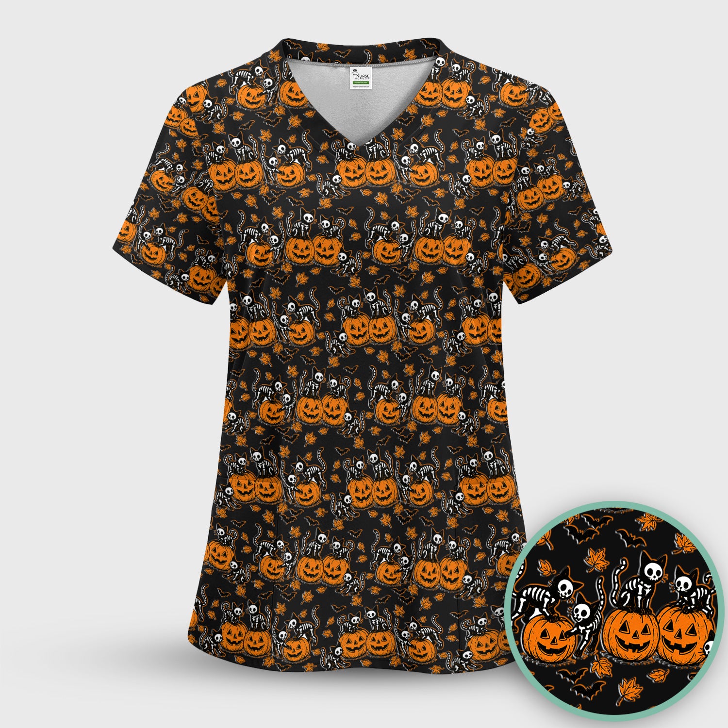 Halloween Skeleton Cat Print Scrub Top, Comfortable Scrubs for Nurses