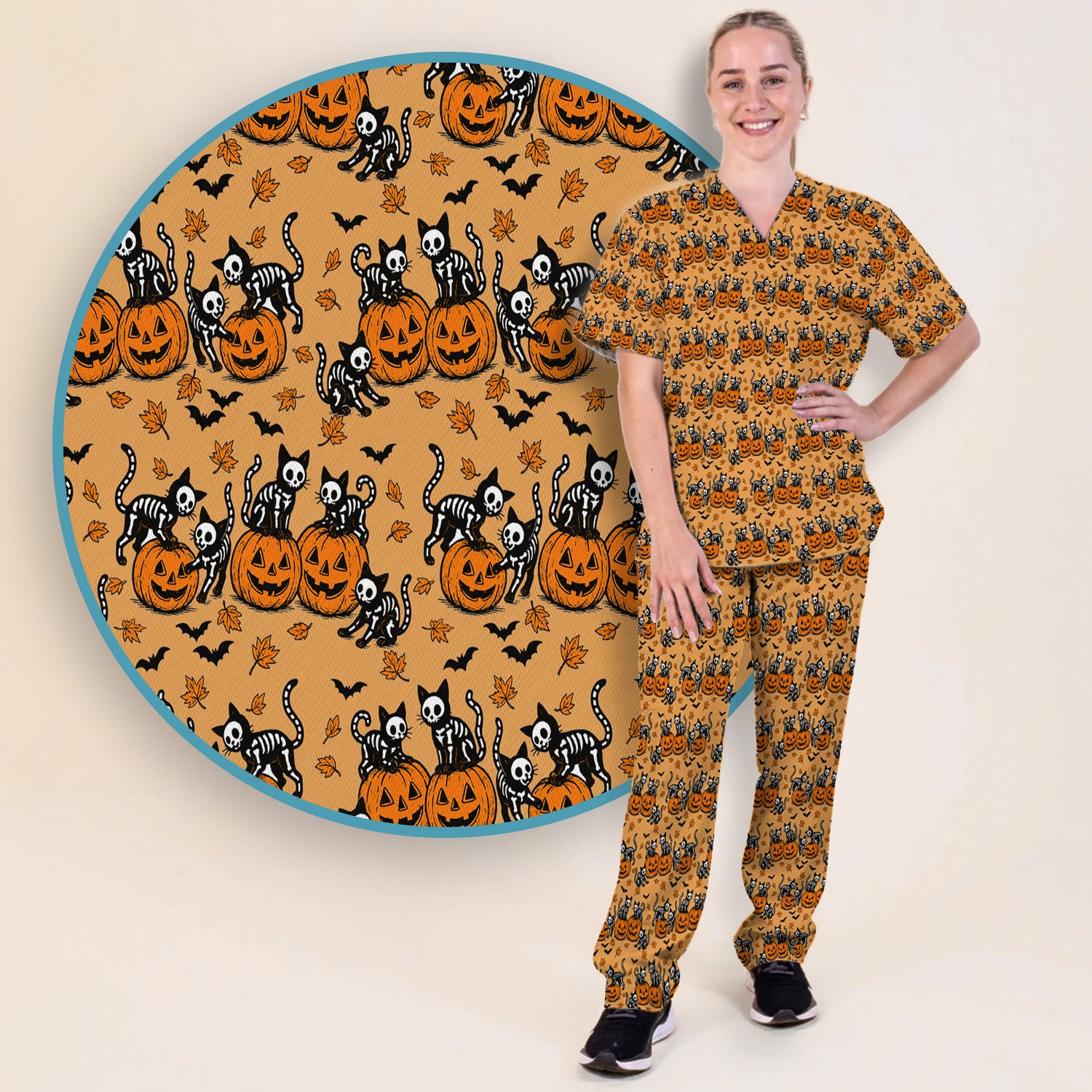 Halloween Skeleton Cat Print Scrub Set, Scrub Pants and V Neck Top