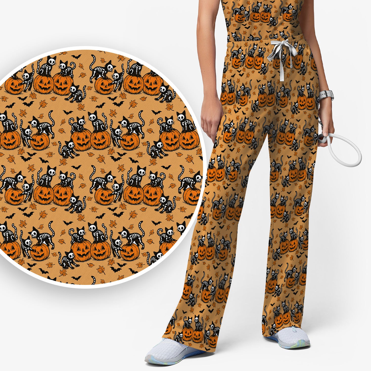 Halloween Skeleton Cat Print Scrub Set, Scrub Pants and V Neck Top