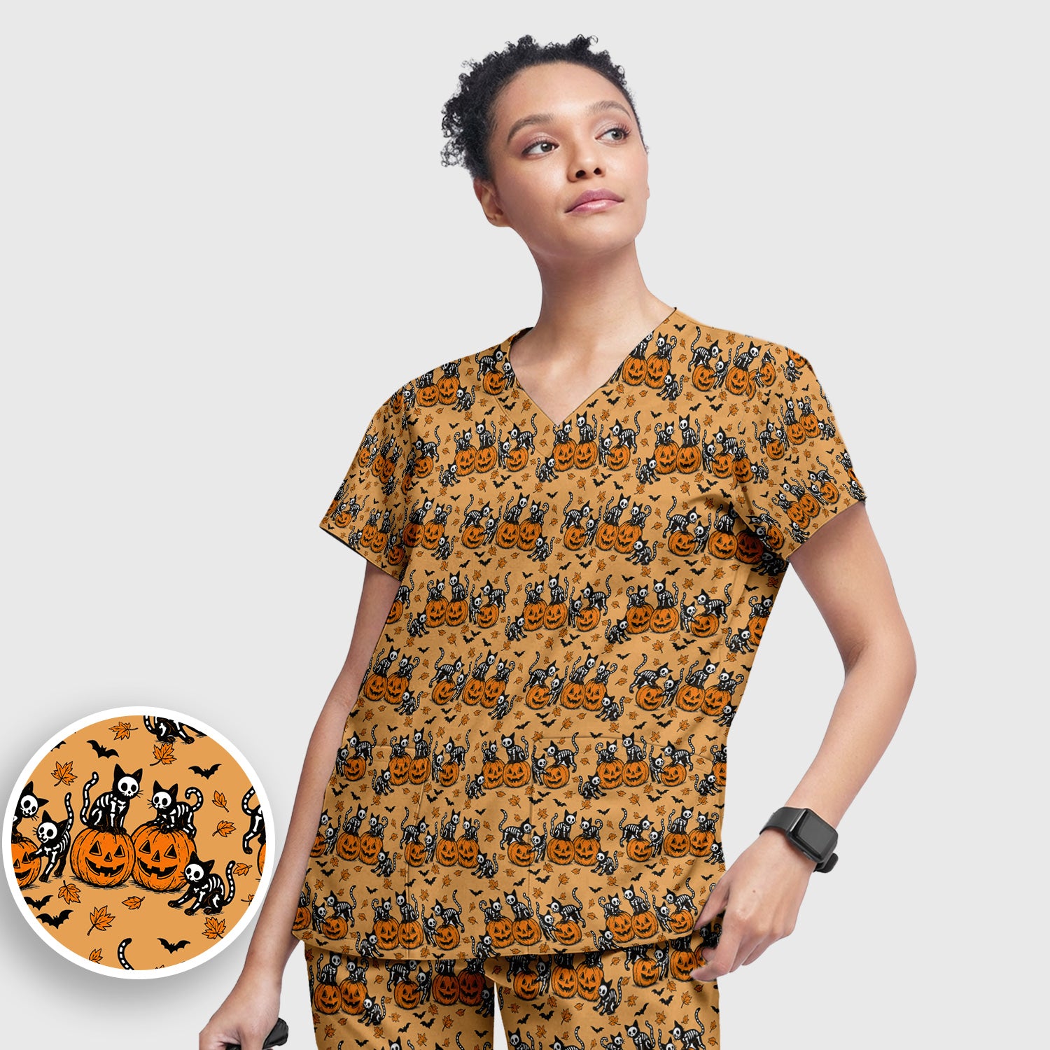 Halloween Skeleton Cat Print Scrub Set, Scrub Pants and V Neck Top