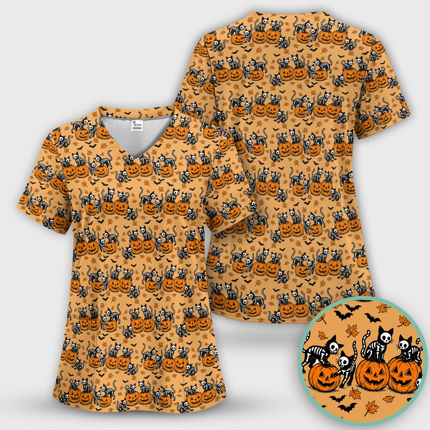 Halloween Skeleton Cat Print Scrub Top, Comfortable Scrubs for Nurses